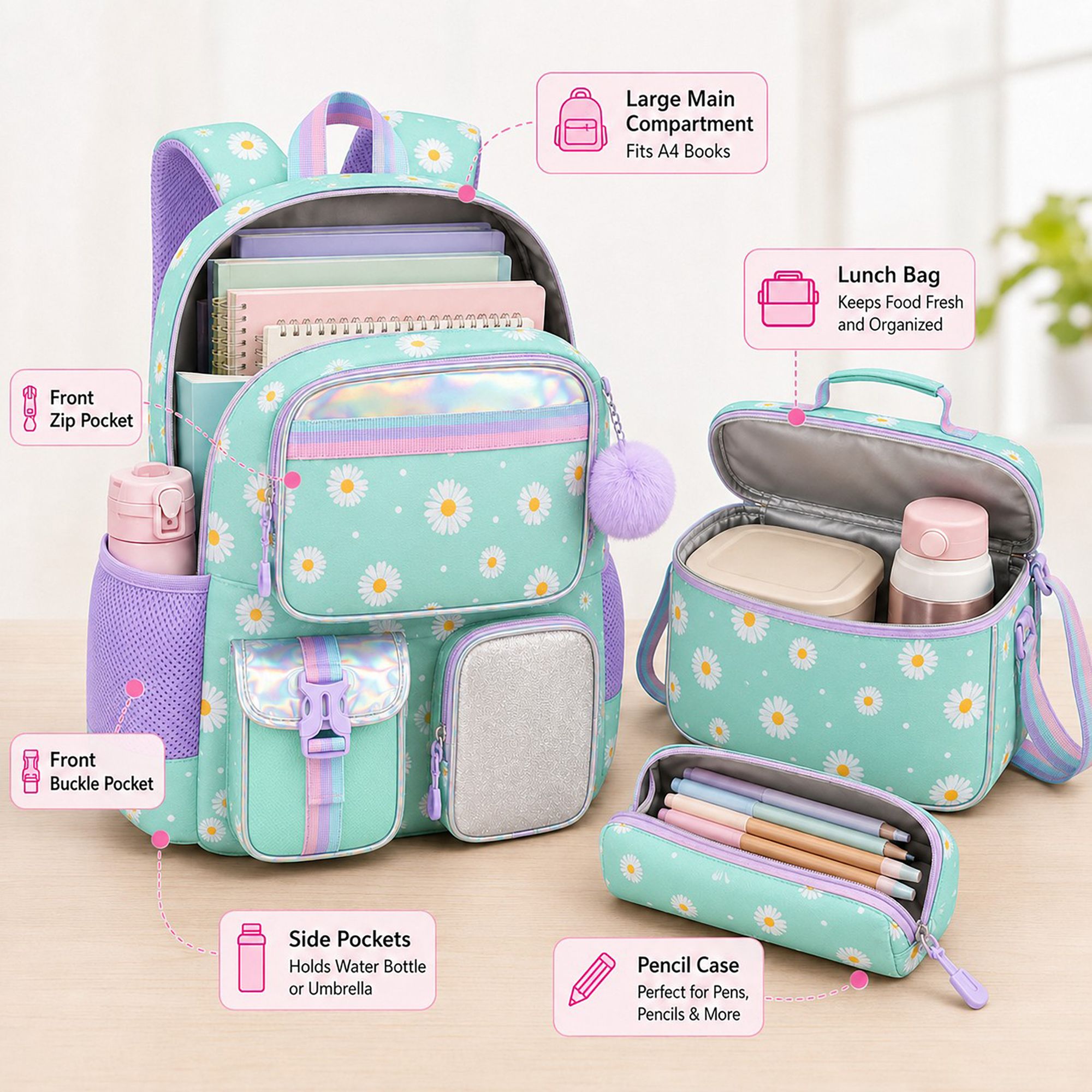 3pc Daisy Print School Backpack Lunch Bag Pencil Case Set