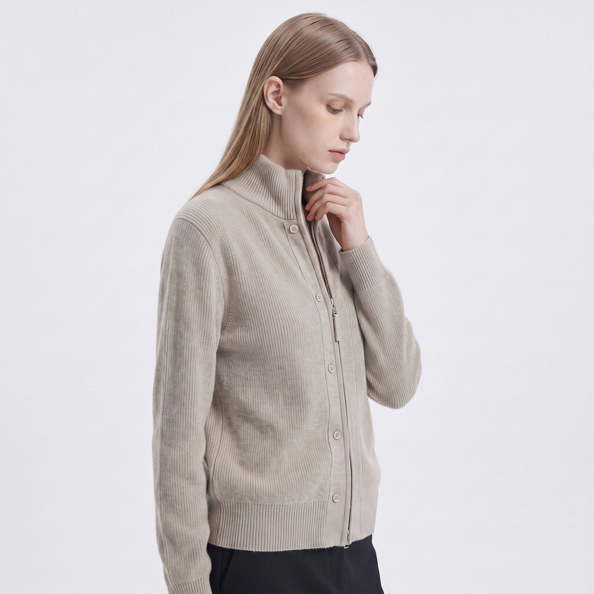 Mock Neck Zip-Front Knit Cardigan Sweater