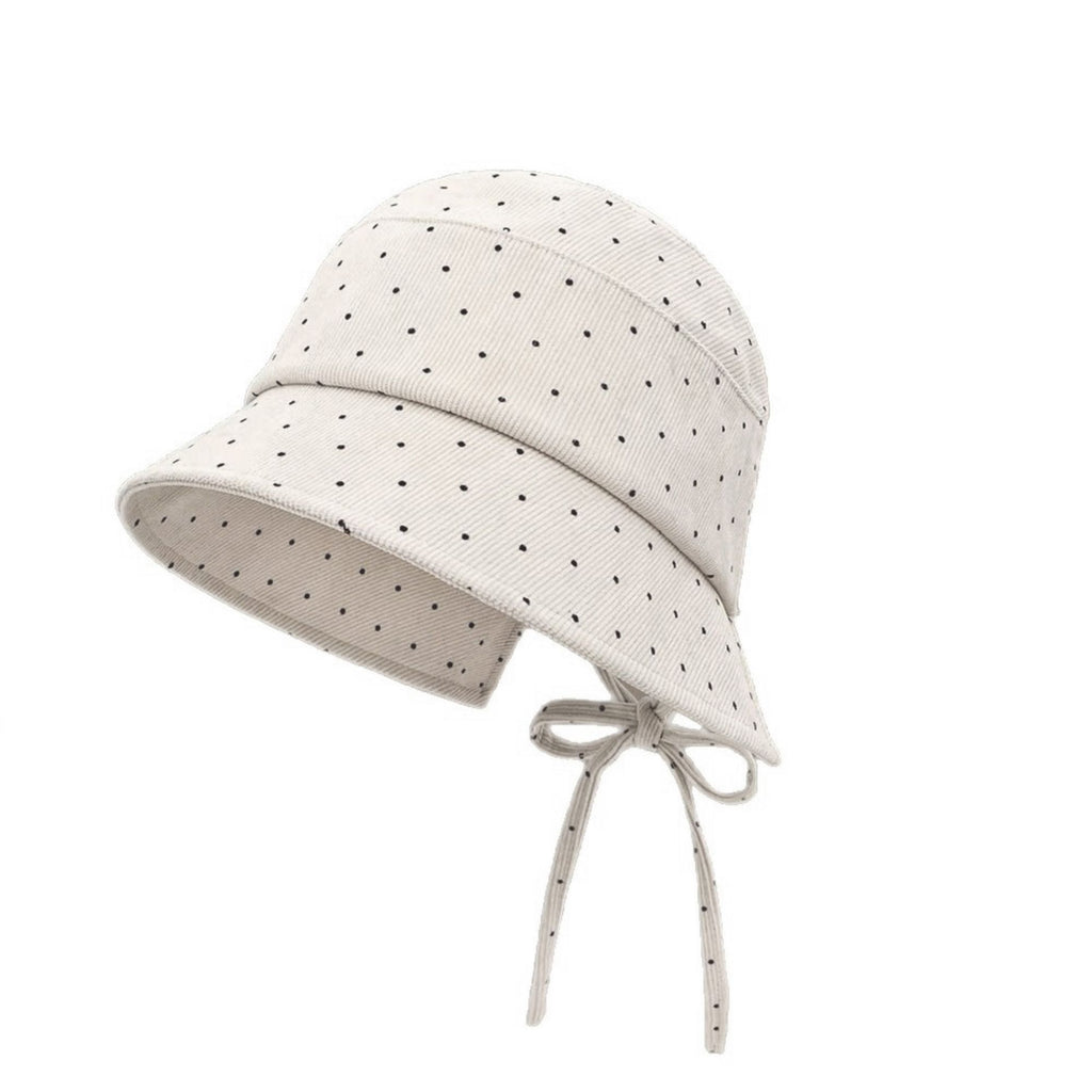 Polka Dot Corduroy Bucket Hat Wide Brim Tie Back Sun Hat