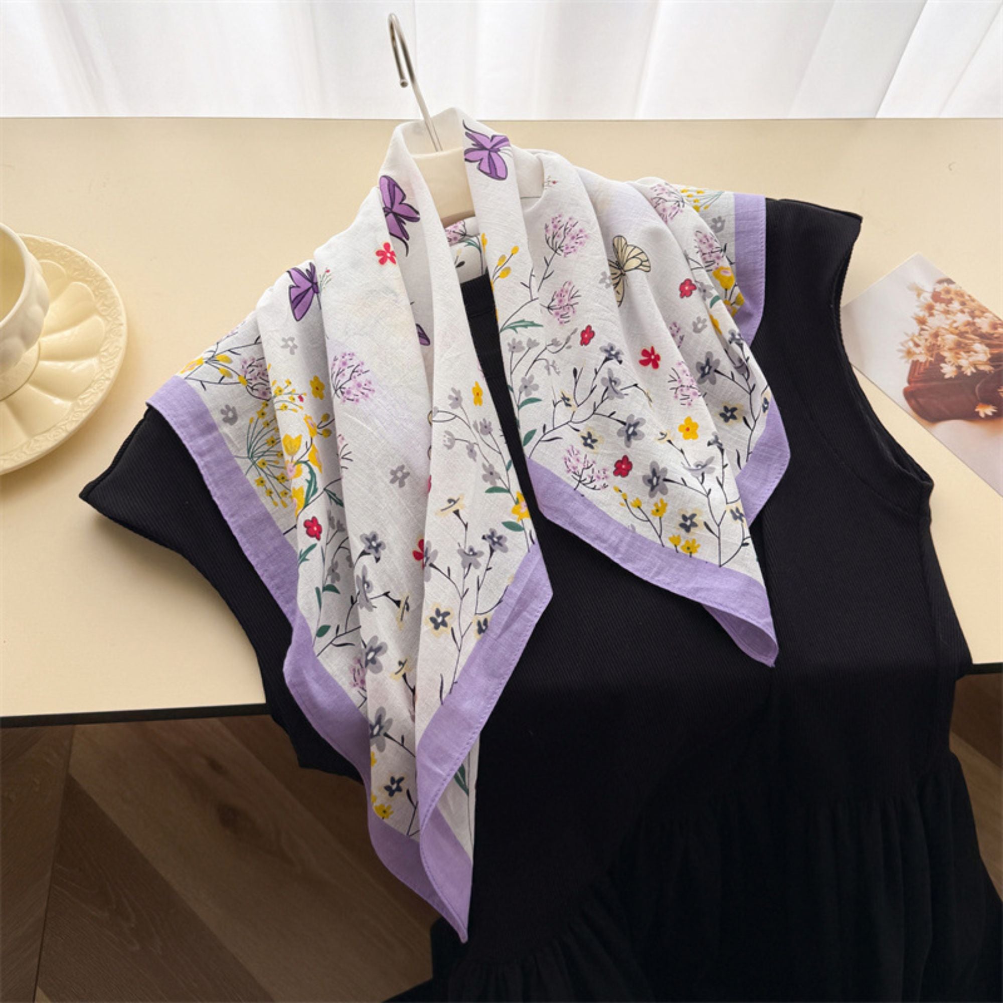 Pure Cotton Butterfly Floral Print Square Scarf Lightweight Fashion Neck Hair Scarf 25.5¡Á25.5 Inches