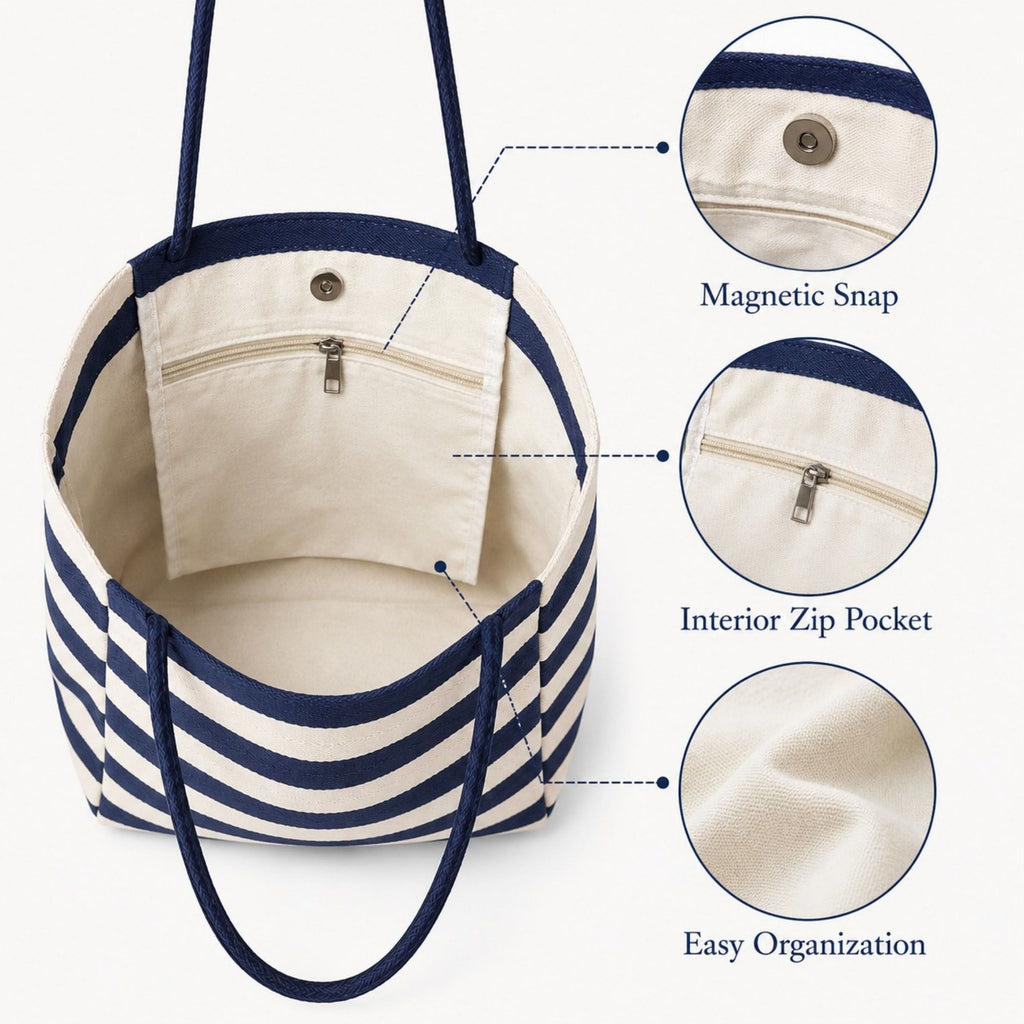 Striped Tote Bag with Large Capacity Soft Shoulder Carry Design