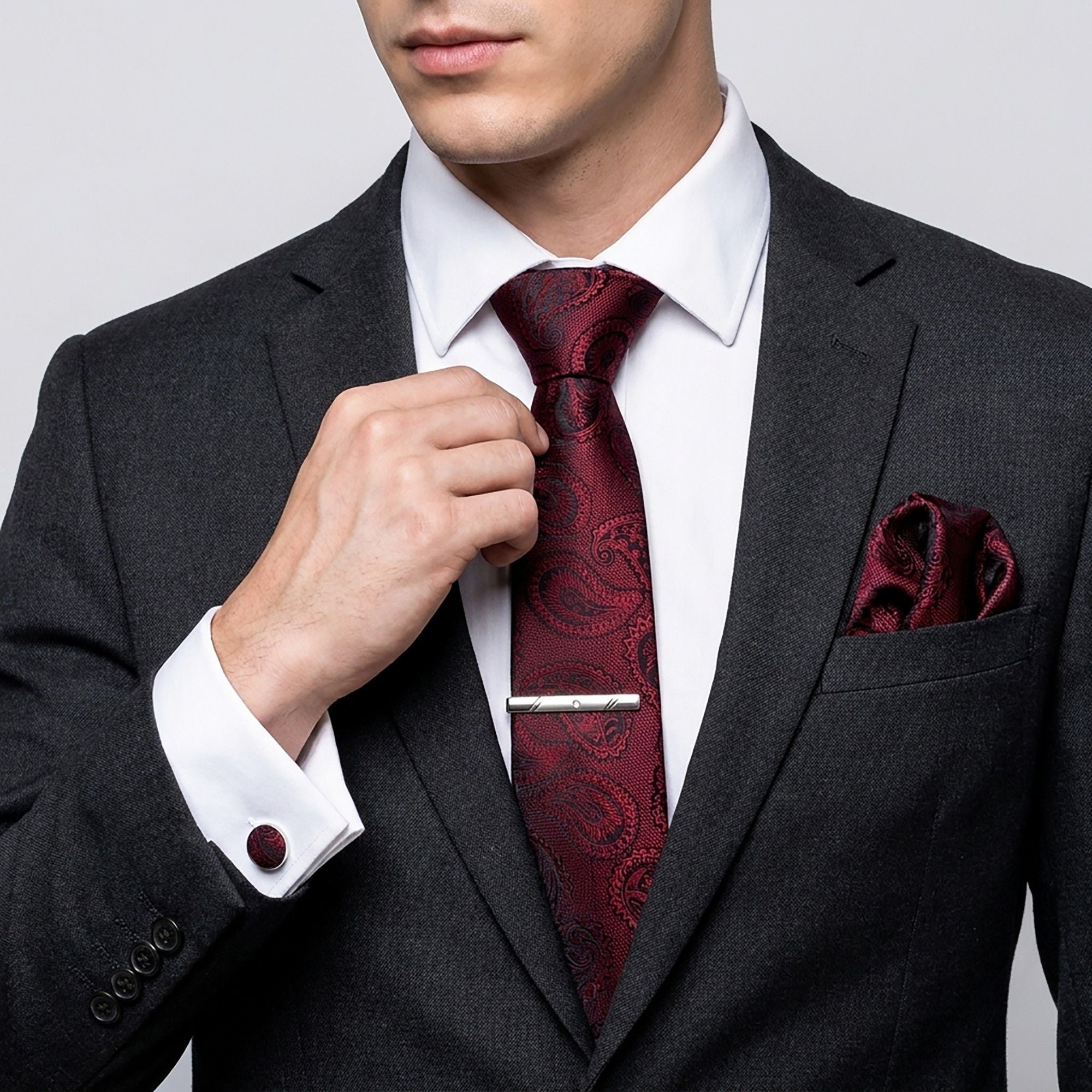 Men's Rose Floral Tie Gift Set with Matching Pocket Square Cufflinks and Silver Tie Clip