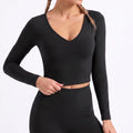 V Neck Long Sleeve Workout Crop Top Fitted Active Shirt