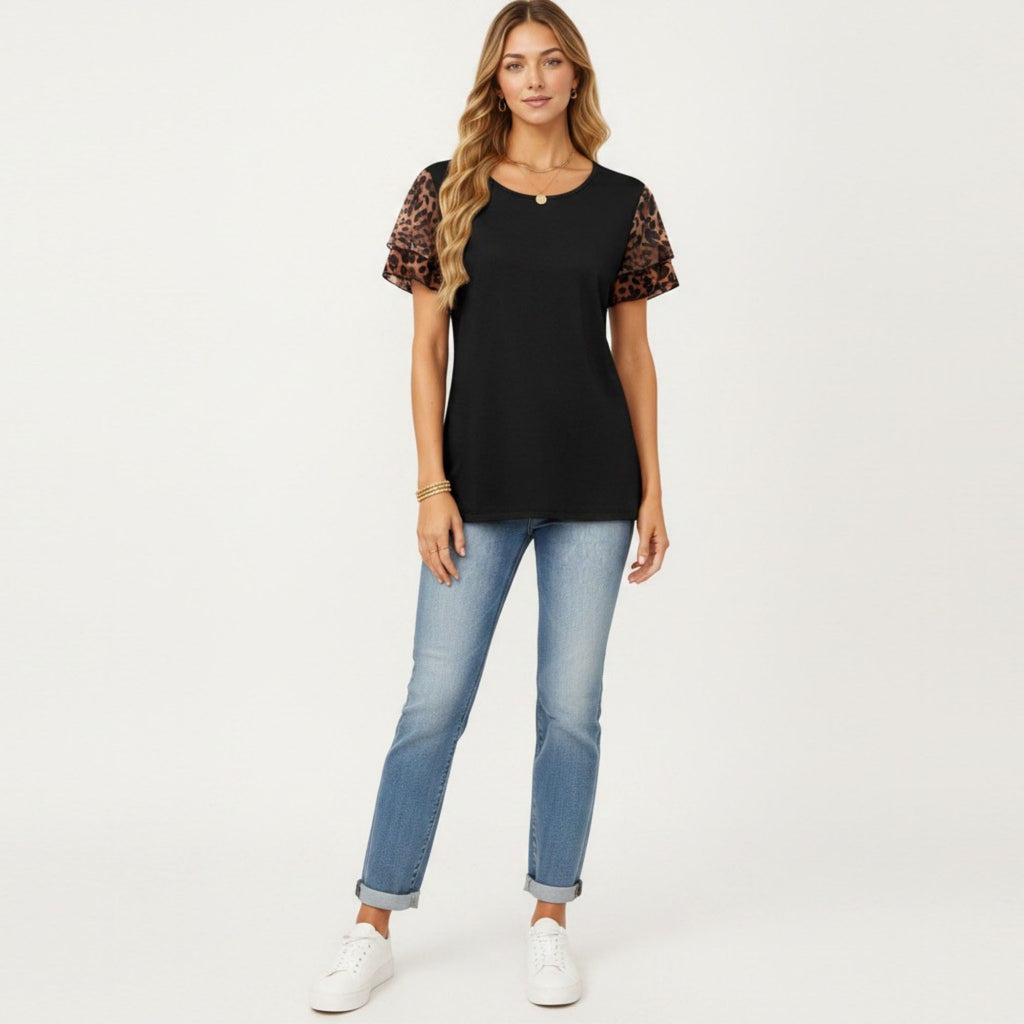 Anna-Kaci Women's Short Sleeve Top with Leopard Print Mesh Sleeves Round Neck Relaxed Fit Casual Shirt