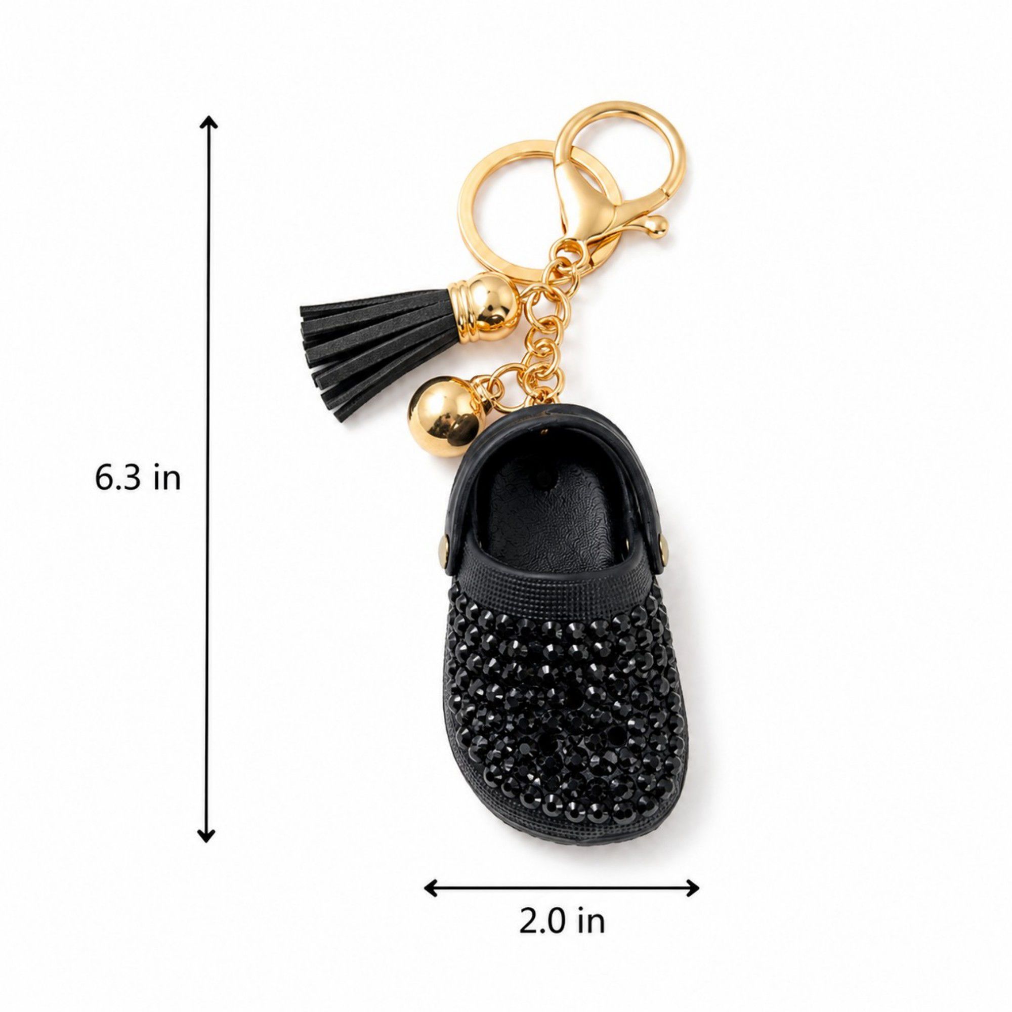 Rhinestone Mini Clog Keychain Bag Charm with Tassel Gold Tone Clip and Key Ring