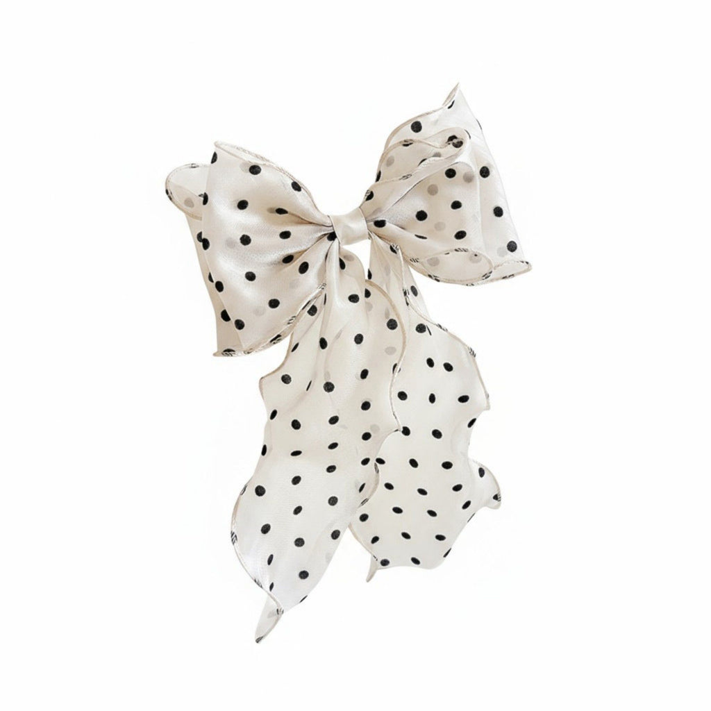 Anna-Kaci 2pcs Polka Dot Chiffon Bow Hair Clip with Flowing Ribbon Tails and Lightweight Sheer Fabric