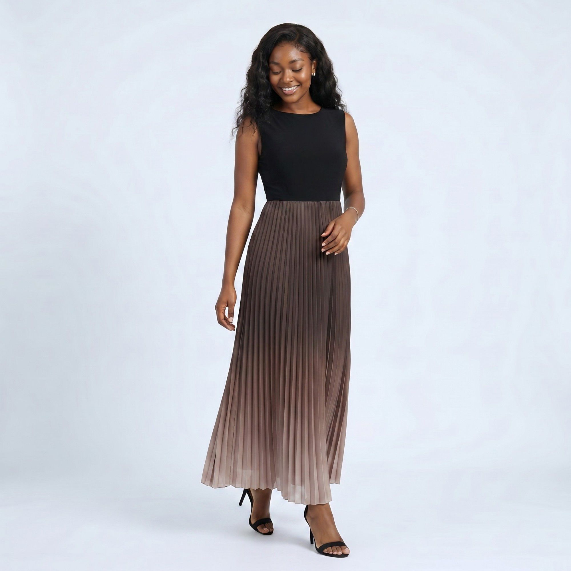 Anna-Kaci Women's Sleeveless High Neck Pleated Ombre A-Line Maxi Dress with Flowy Skirt
