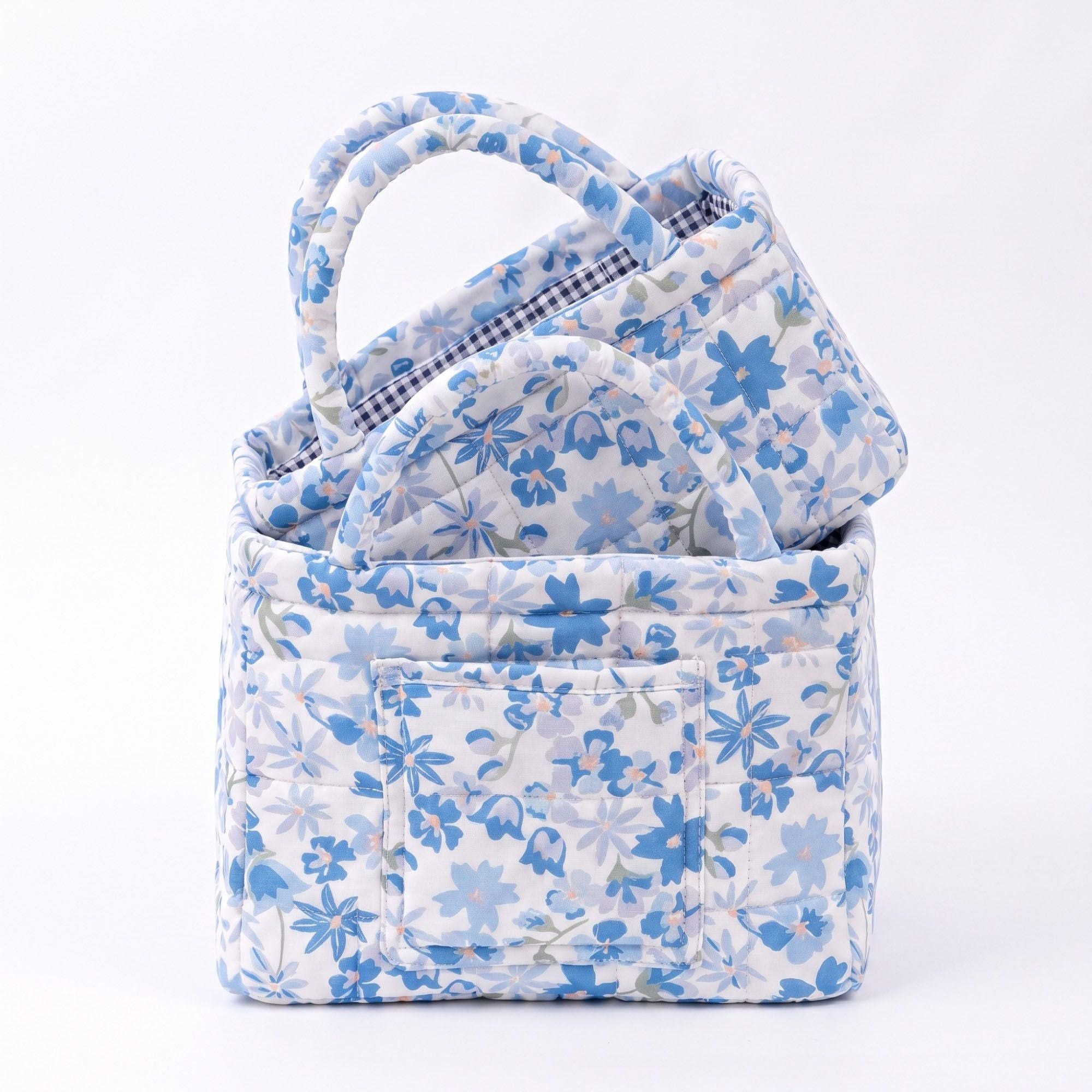 2 Piece Quilted Floral Storage Tote Set with Handles and Front Pocket