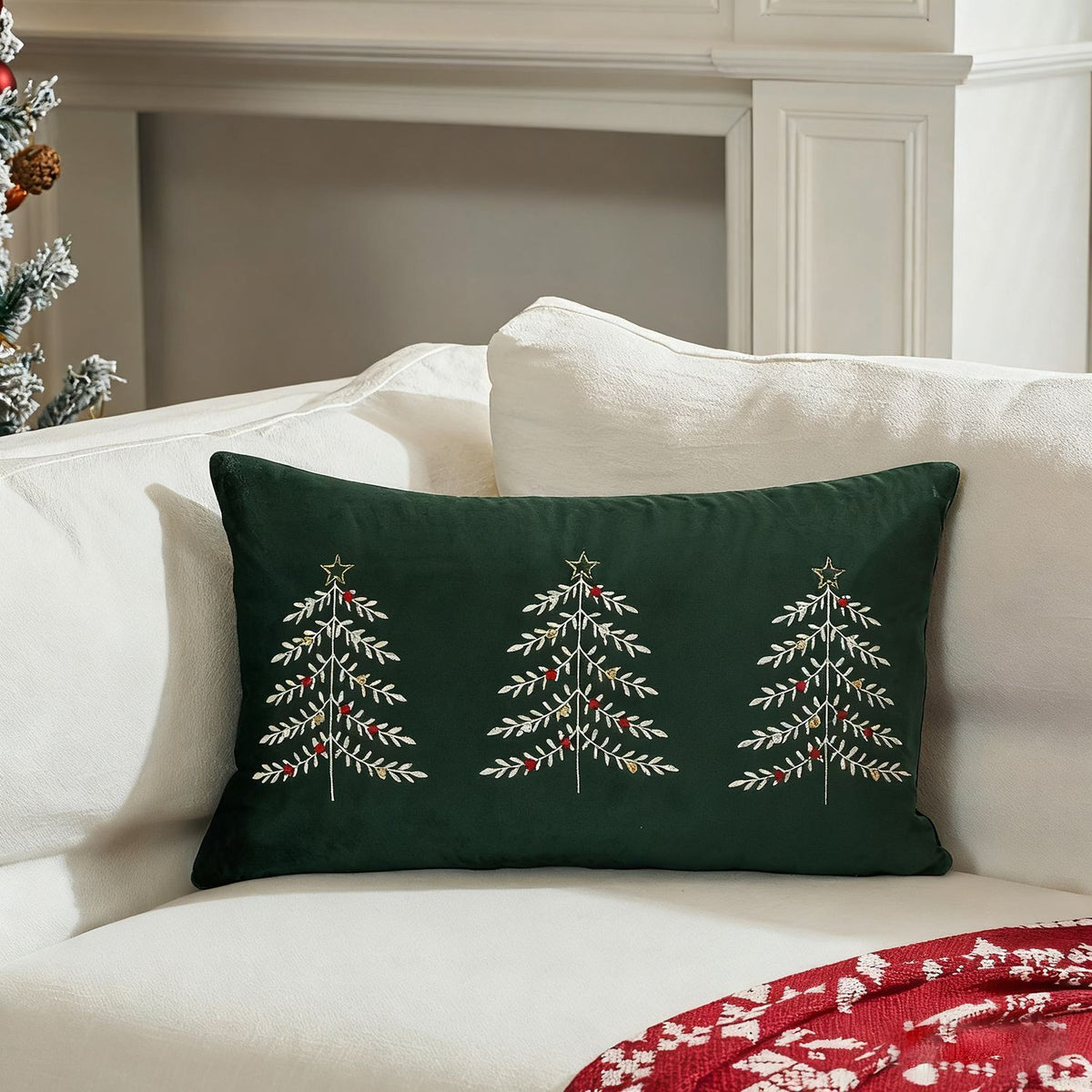 Christmas Tree Embroidered Plush Lumbar Throw Pillow Cover 12 x 20 Inch 1 Pack