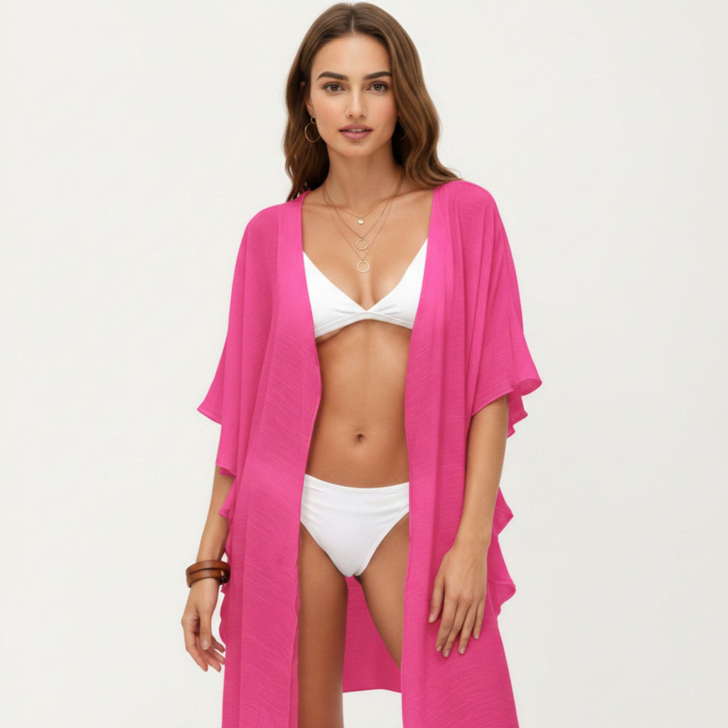 Anna-Kaci Women's Open Front Swim Cover Up Kimono with Ruffle Sleeves Lightweight Beach Cardigan