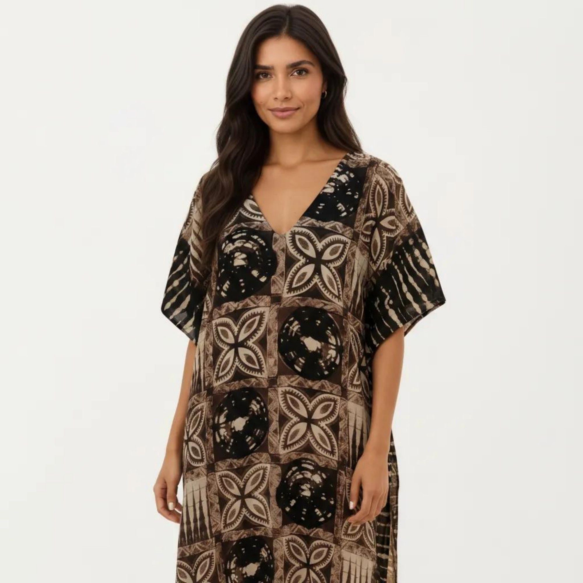 Anna-Kaci Women's Geometric Print Maxi Caftan Dress with V-Neckline Relaxed Fit and Draped Silhouette