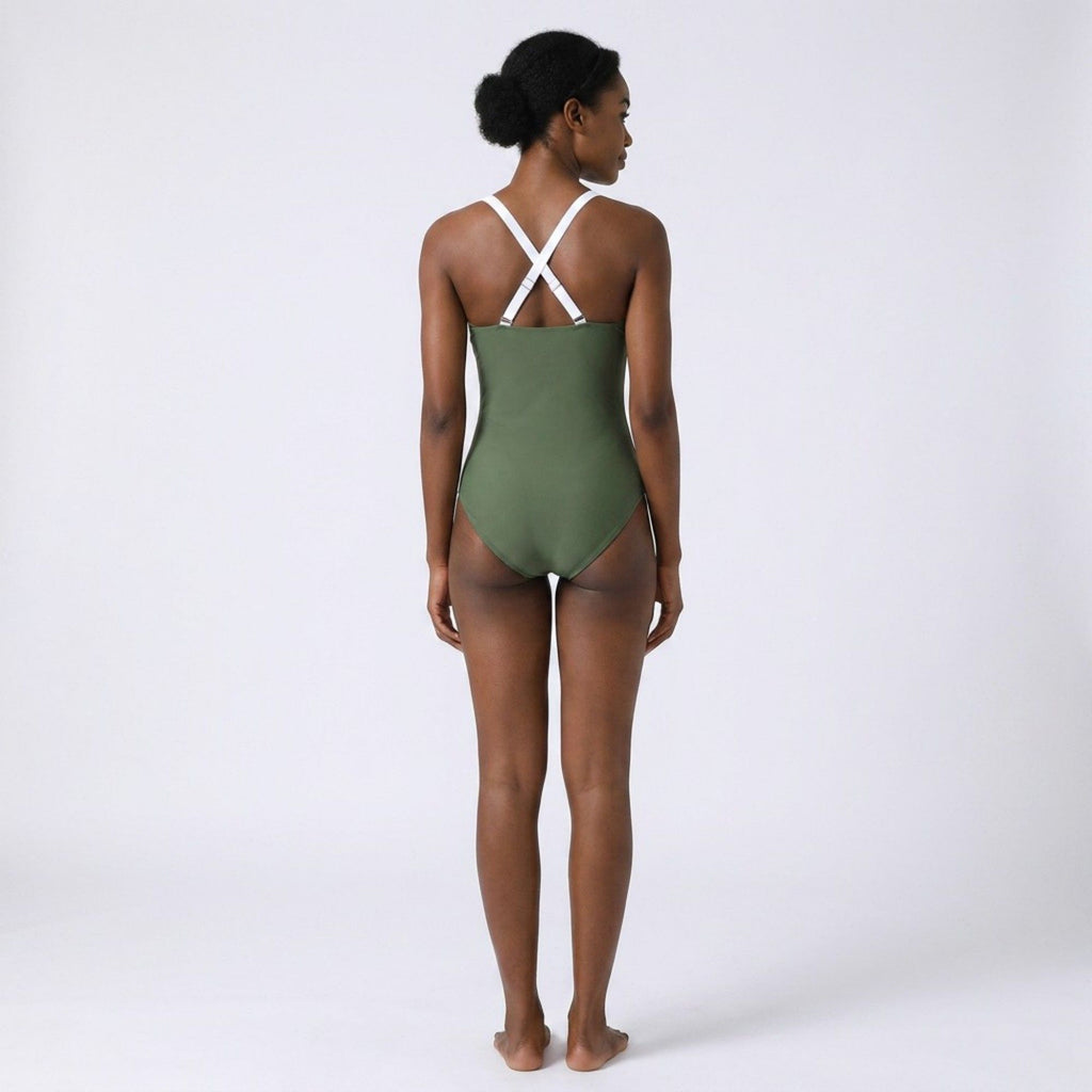 Anna-Kaci Swim Womens One Piece Swimsuit with V Neck Contrast Trim Scallop Detail and Adjustable Crisscross Straps
