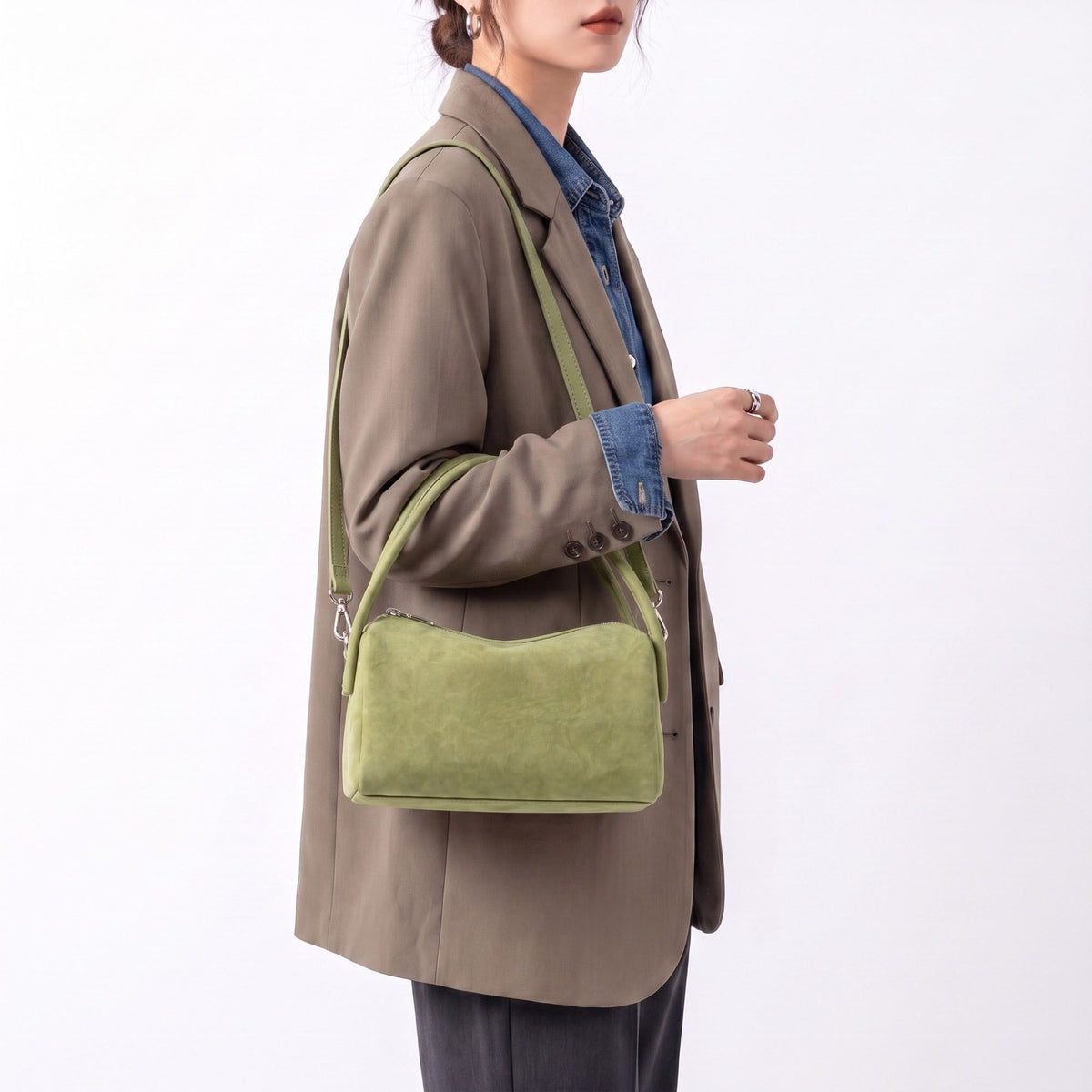 Faux Suede Handbag with Detachable Crossbody Strap and Zipper Closure