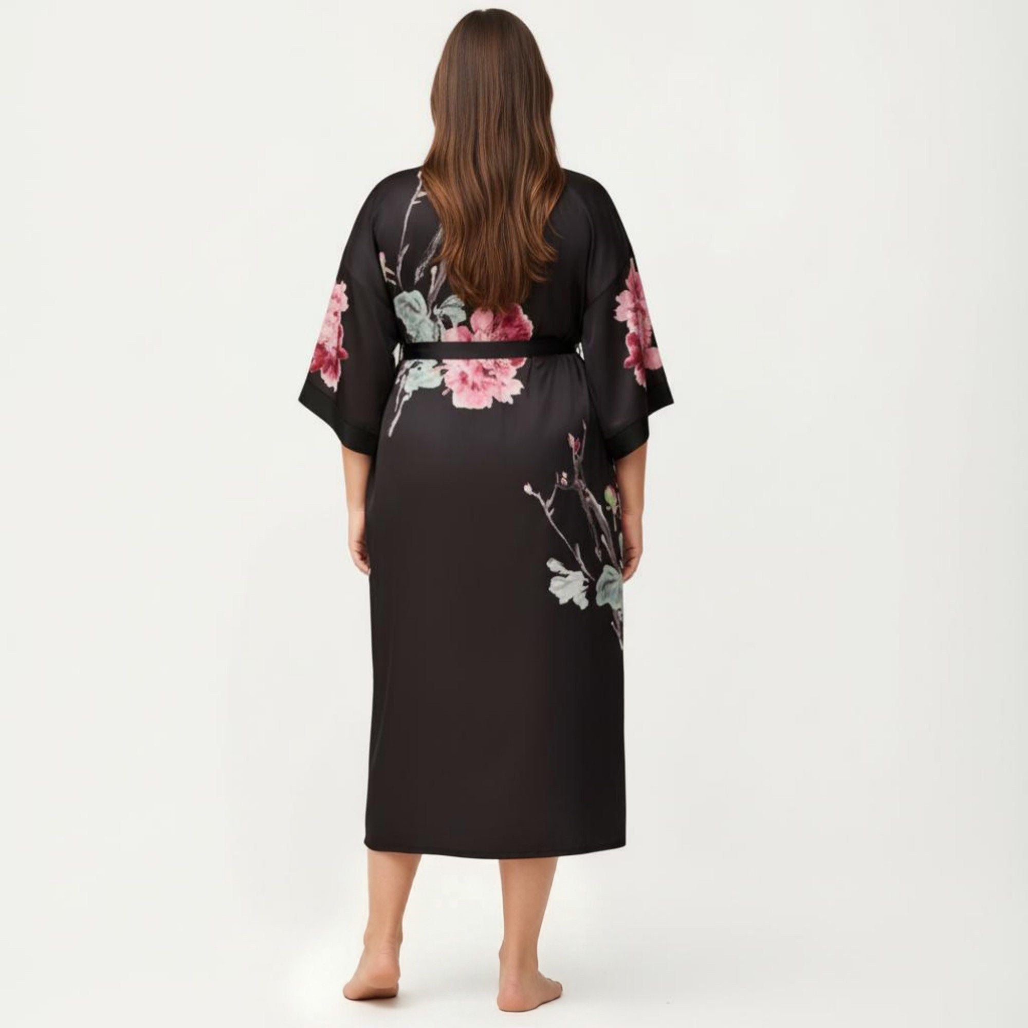 Anna-Kaci Lounge Women's Plus Size 2-Piece Floral Kimono Robe Set with Short Sleeve Open Front Longline Cover Up and Matching Inner Dress