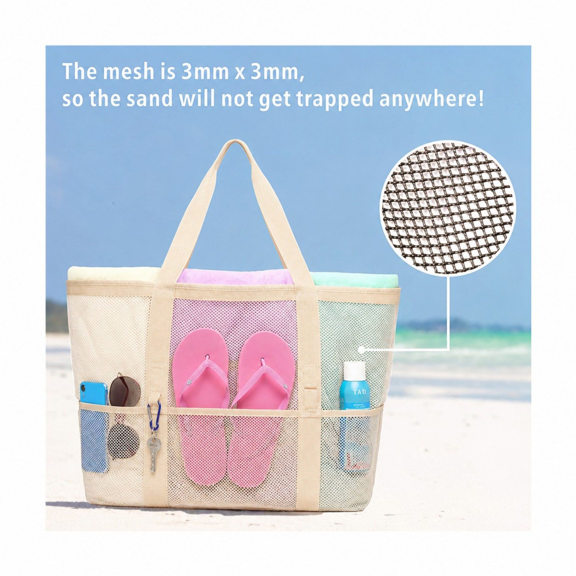 Mesh Beach Tote Bag Large Capacity Travel Shoulder Bag with Exterior Pockets Zipper Top Organizer