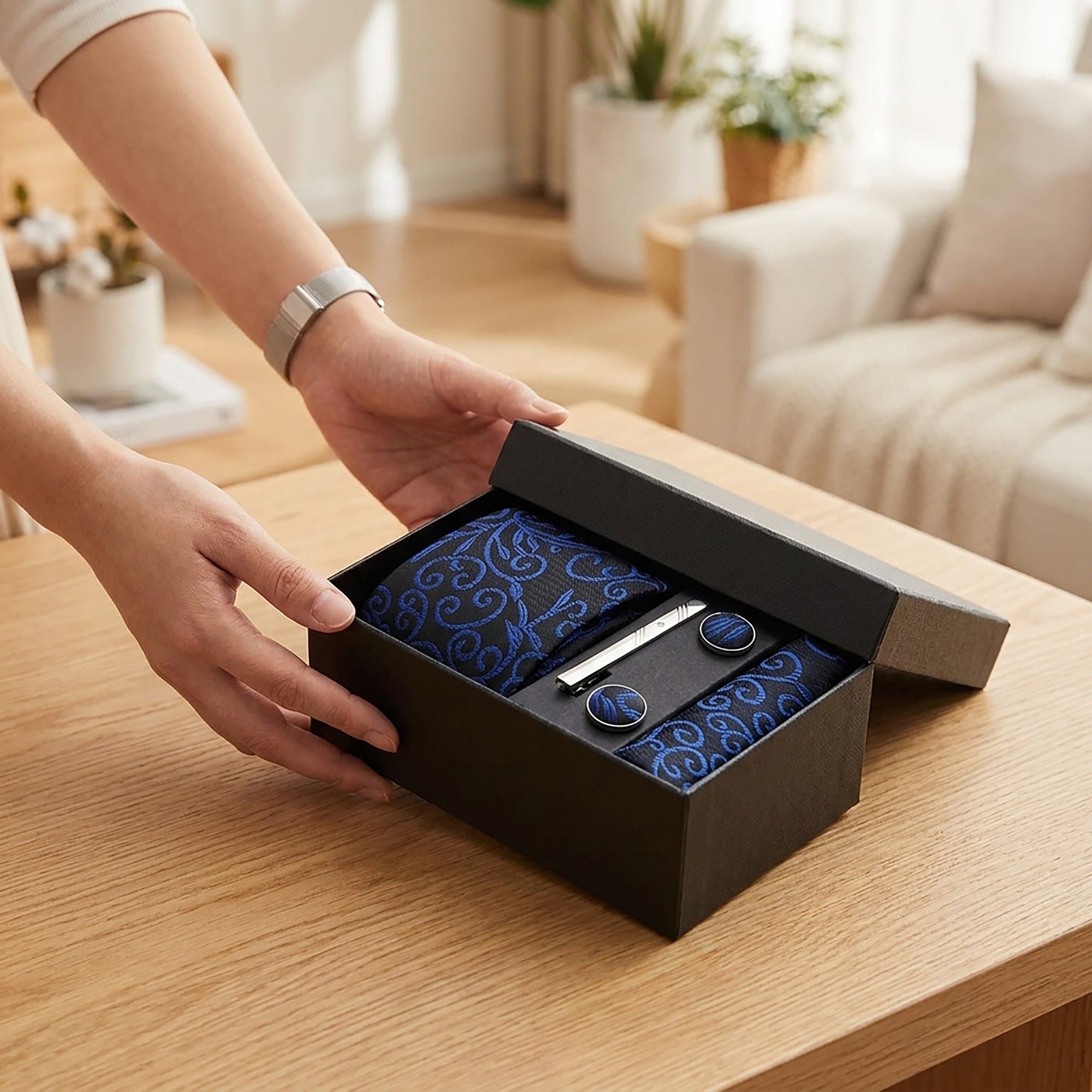 Men's Baroque Floral Tie Gift Set with Matching Pocket Square Cufflinks and Silver Tie Clip