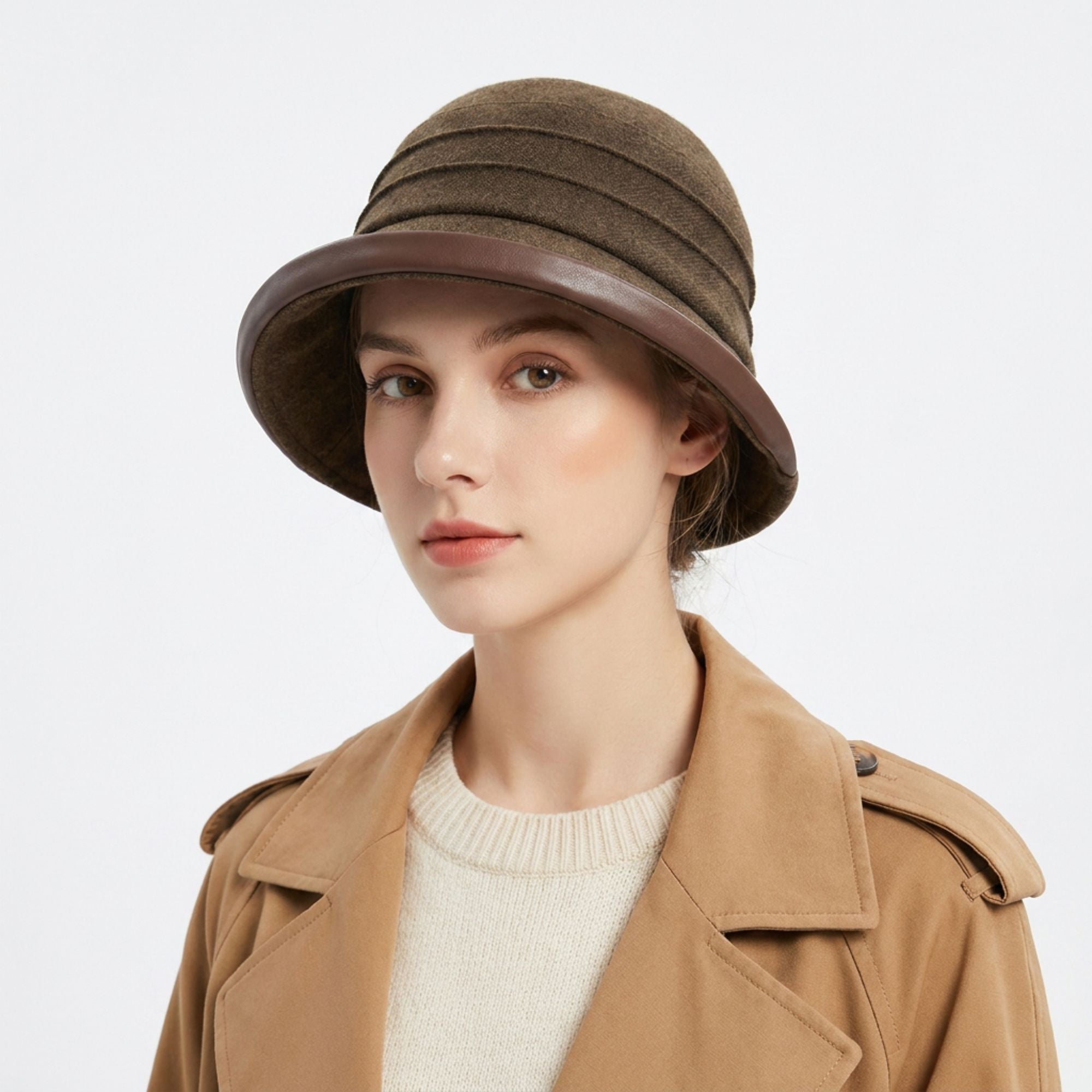 Structured Cloche Hat Pleated Crown Contrast Trim Wide Brim Bucket Hat