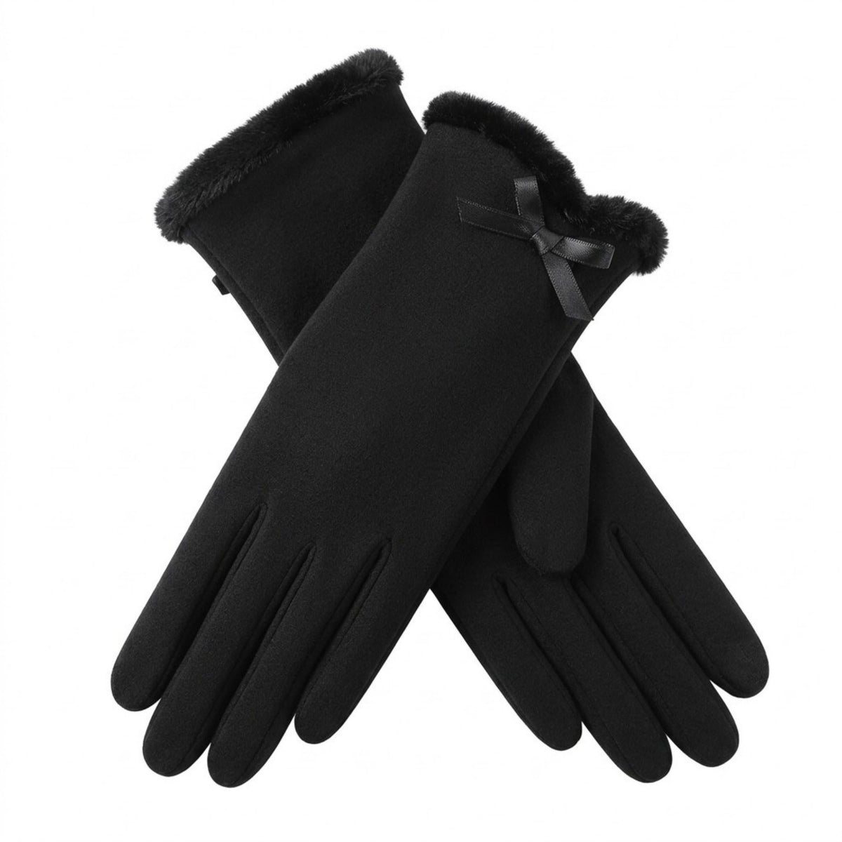 Faux Suede Winter Gloves with Faux Fur Cuffs and Bow Detail 9 x 3.3in