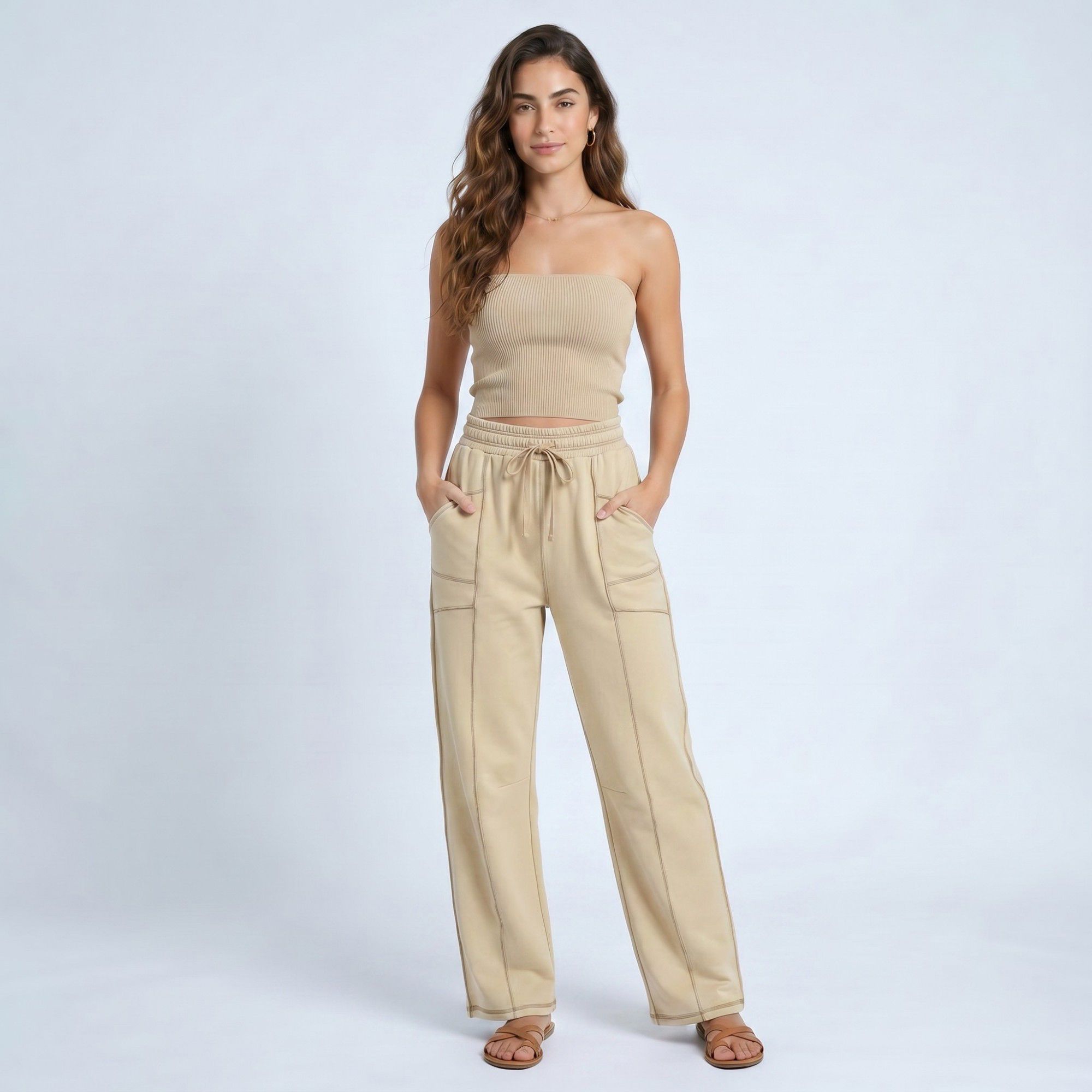 Anna-Kaci Women's High Rise Drawstring Wide Leg Utility Pants with Patch Pockets
