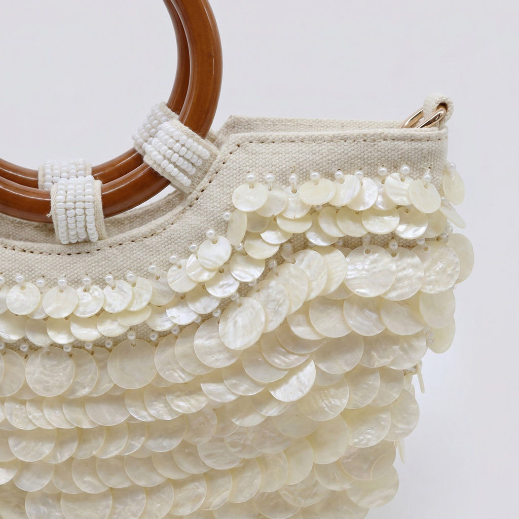 Shell Disc Embellished Top Handle Bag with Beaded Details Round Handle Structured Handbag 11.5x7.5x1 in
