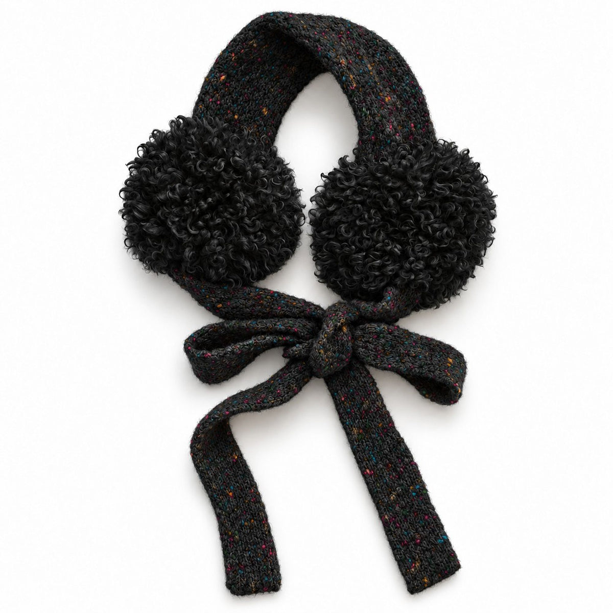 Curly Plush Winter Earmuffs with Speckled Knit Ties