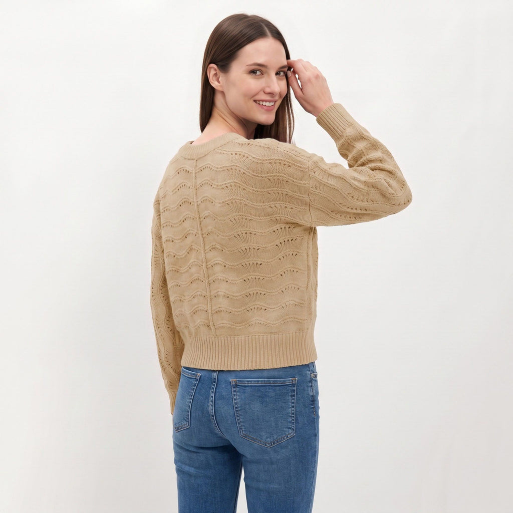 Wavy Pointelle Button-Front Long Sleeve Knit Cardigan