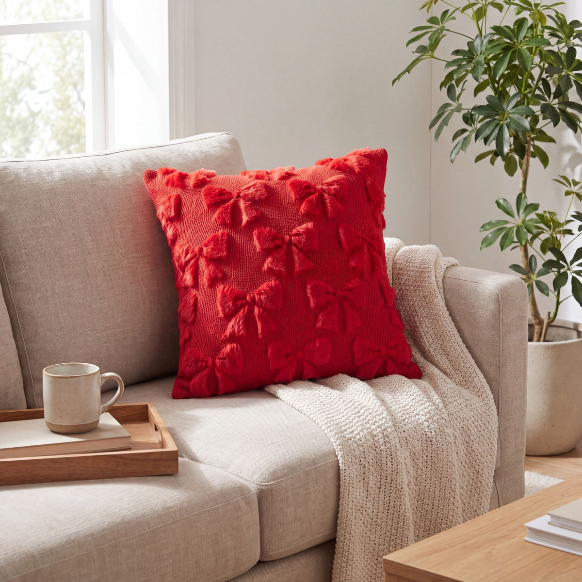 Plush Bow Textured Throw Pillow Cover Soft Decorative Cushion Cover for Sofa Bed Chair