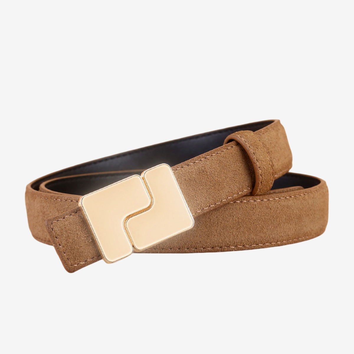 Suede Leather Belt with Geometric Gold Tone Buckle 39.4in