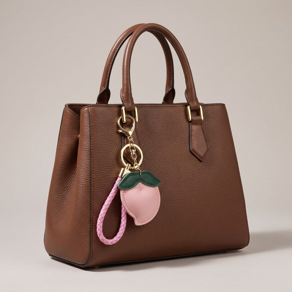 Peach Bag Charm with Braided Leather Loop and Gold Tone Hardware
