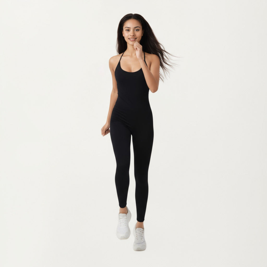 Anna-Kaci Active Women's Scoop Neck Full-Length Activewear Bodysuit with Spaghetti Straps