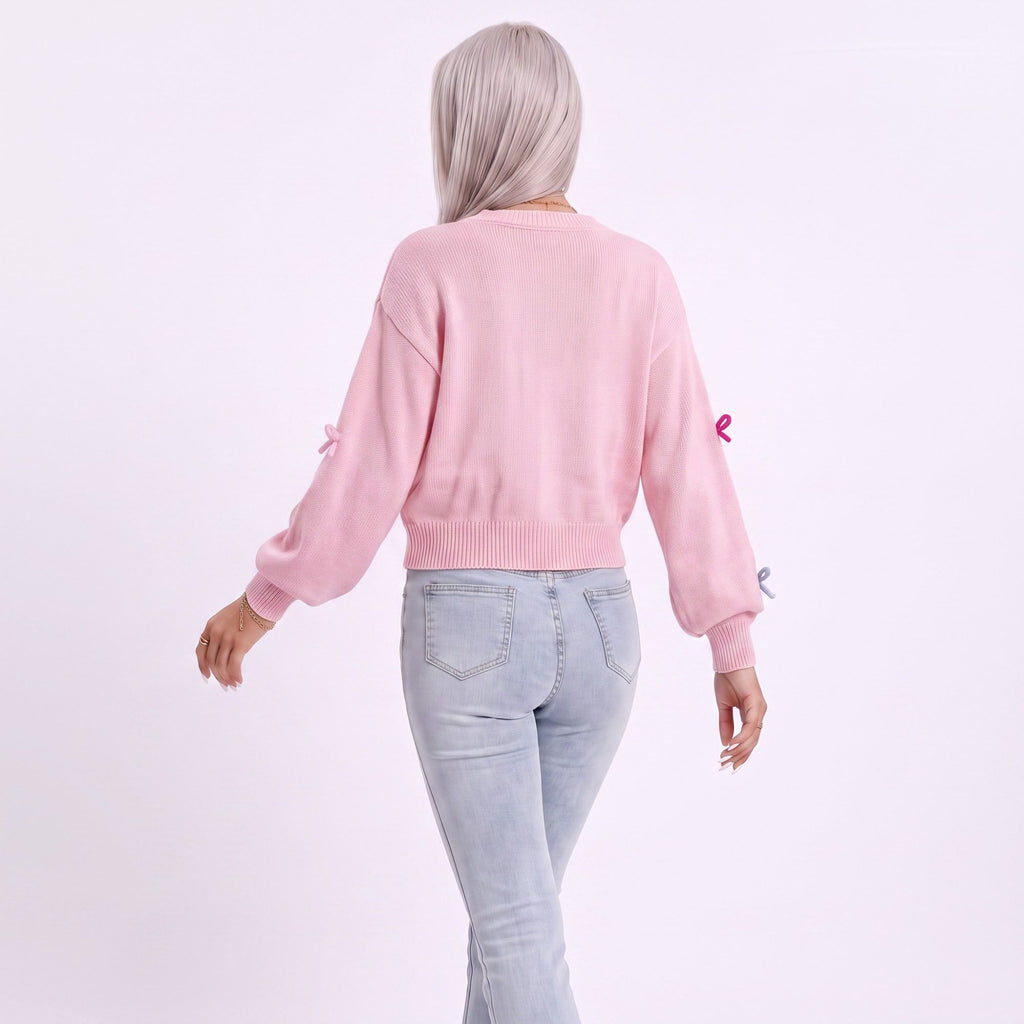 Colorful Bow Crew Neck Long Sleeve Knit Sweater