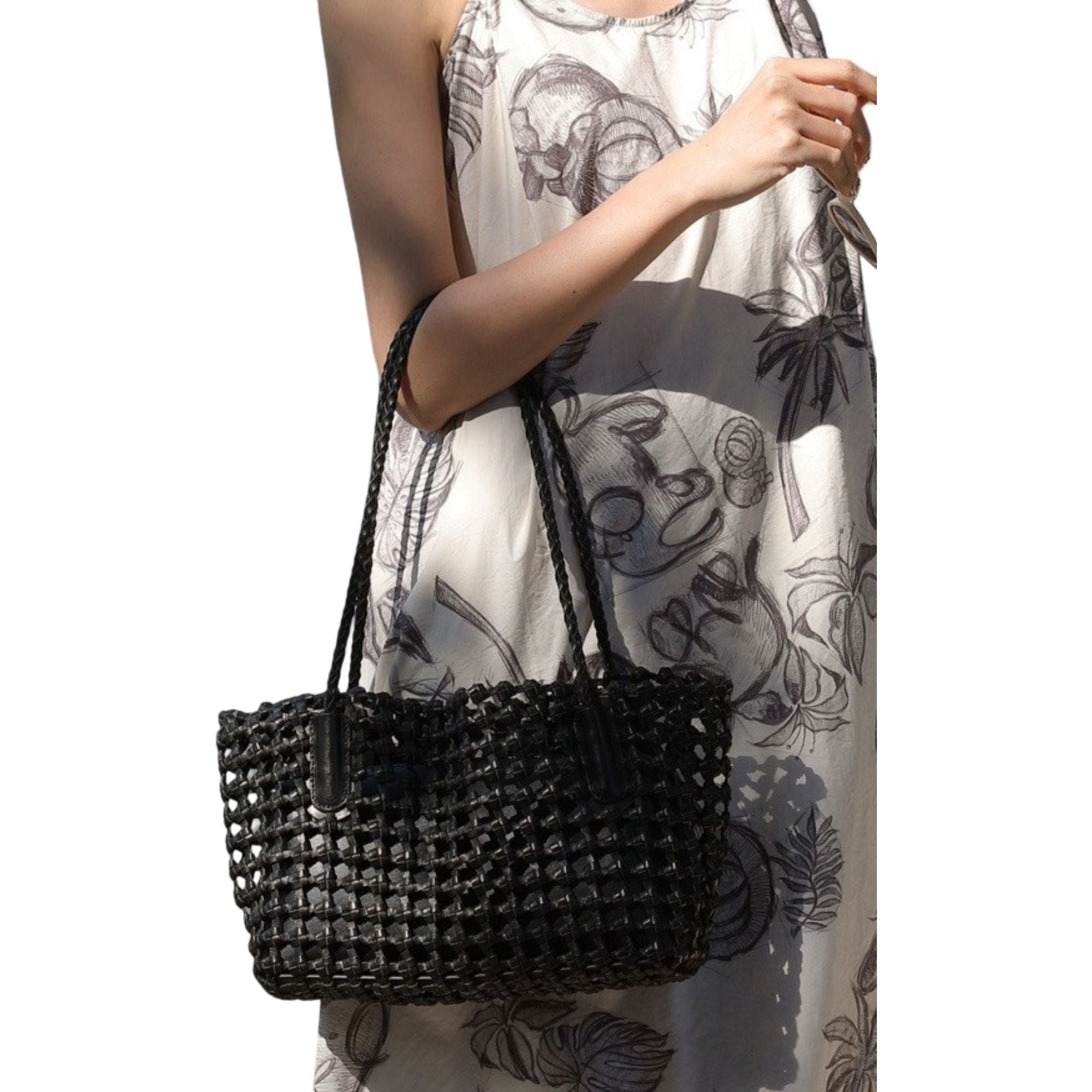 Open Weave Leather Tote Bag with Braided Shoulder Straps and Interior Zip Compartment