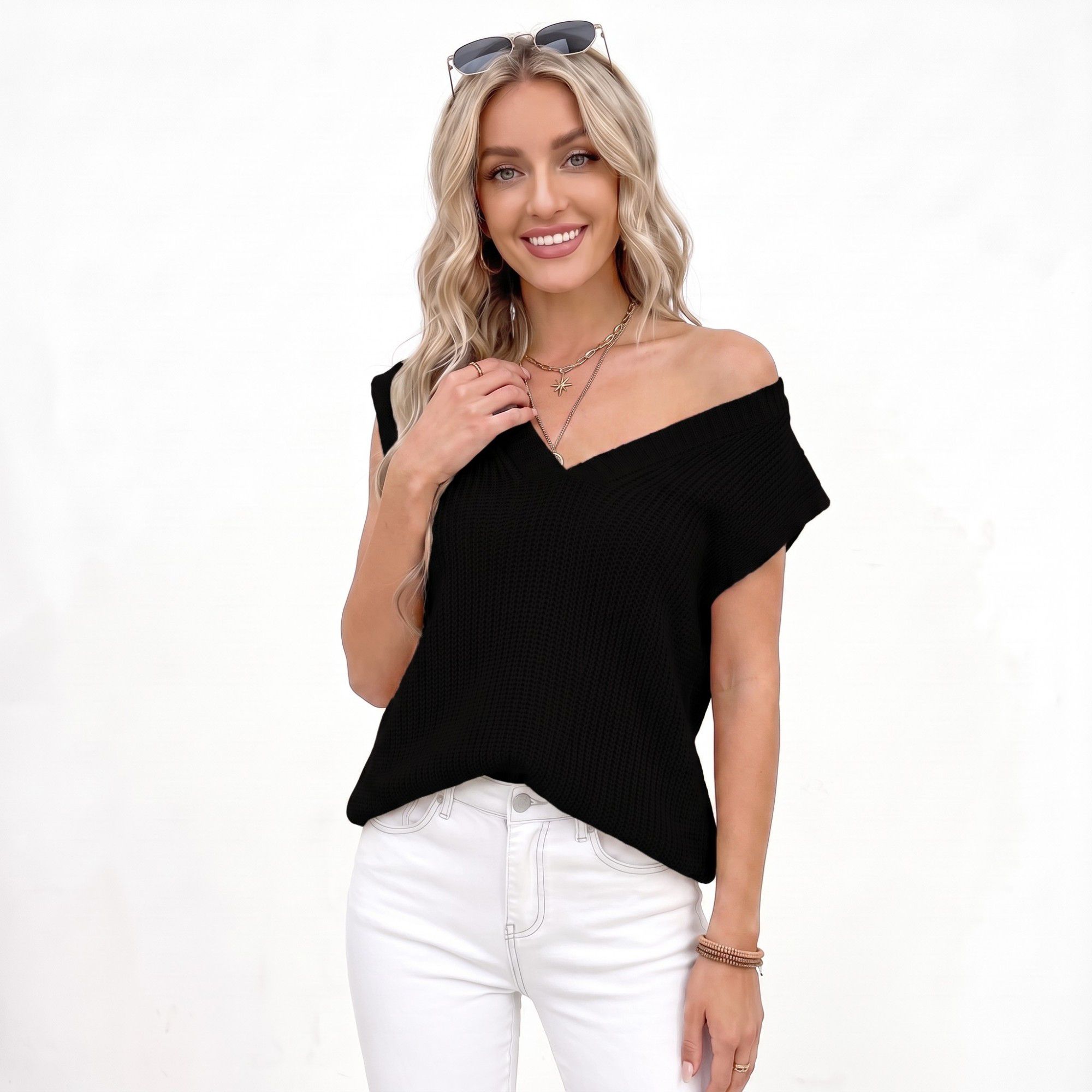 Anna-Kaci Women's V Neck Sweater Vest Sleeveless Textured Knit Pullover Top