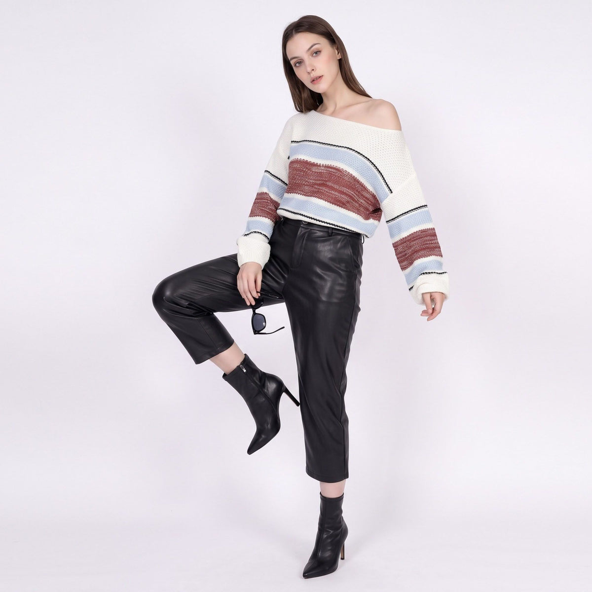 Striped Boat Neck Open Knit Pullover Sweater