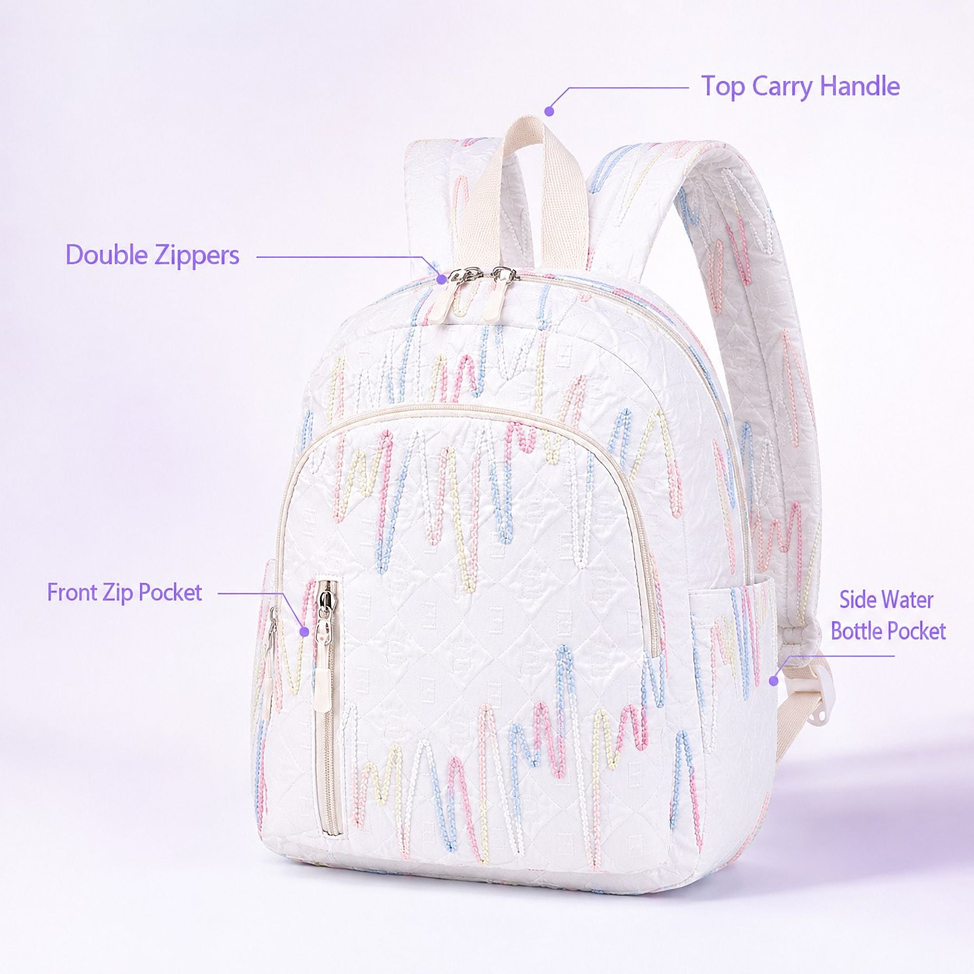 Quilted Backpack with Embroidered Pattern and Multiple Pockets