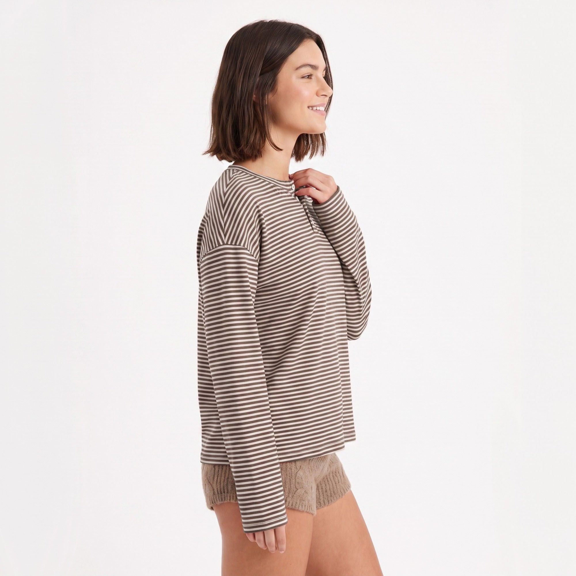 Striped Henley Drop Shoulder Long Sleeve Top