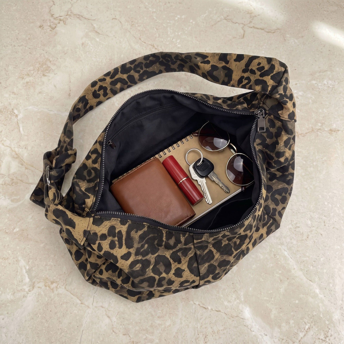 Leopard Print Shoulder Bag with Knotted Strap and Zipper Closure