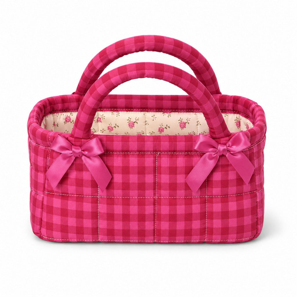Quilted Gingham Storage Caddy with Handles Bow Accent for Makeup Vanity Dorm Bathroom Organizer