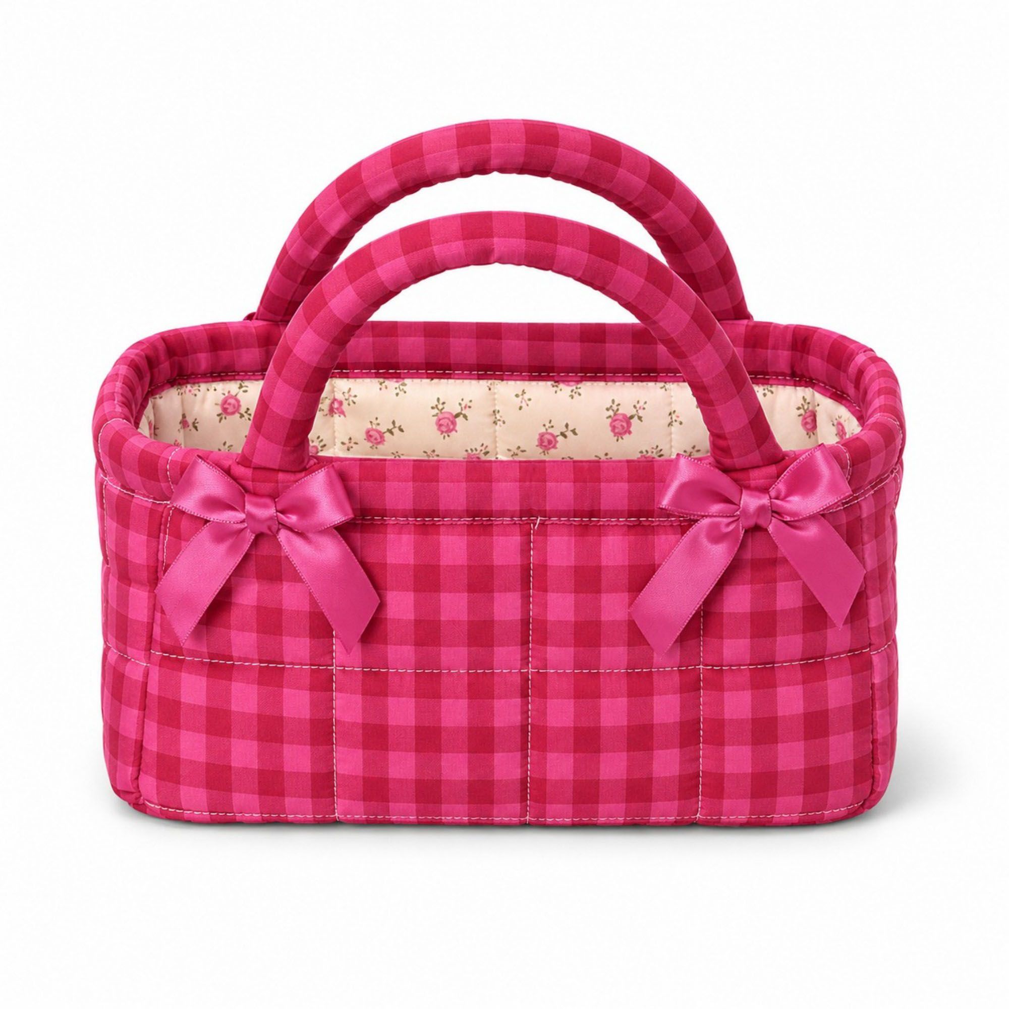 Quilted Gingham Storage Caddy with Handles Bow Accent for Makeup Vanity Dorm Bathroom Organizer