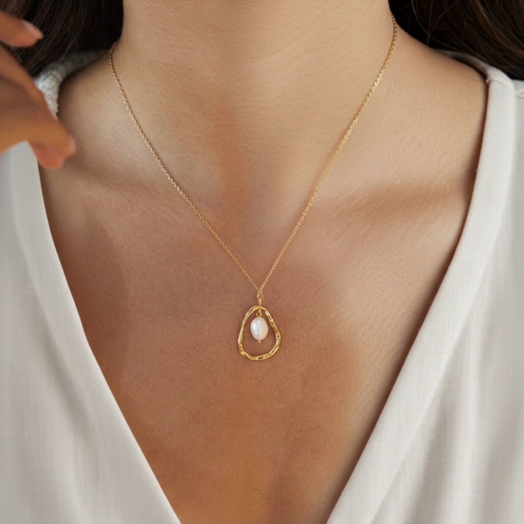 Textured Open Teardrop Pendant Necklace with Organic Hammered Frame and Dainty Suspended Faux Pearl Accent Charm