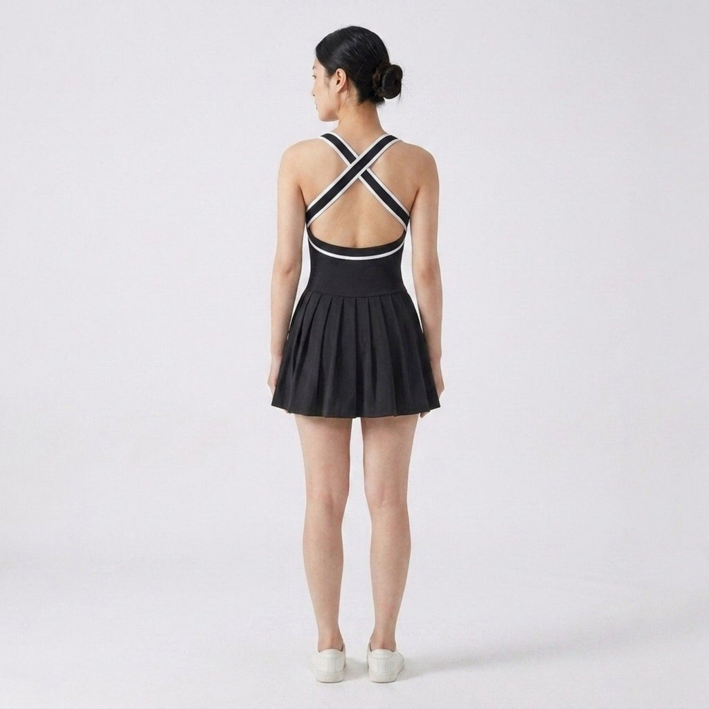Anna-Kaci Active Womens Contrast Trim Athletic Dress with Crisscross Back Straps Pleated Skirt and Smooth Stretch Knit