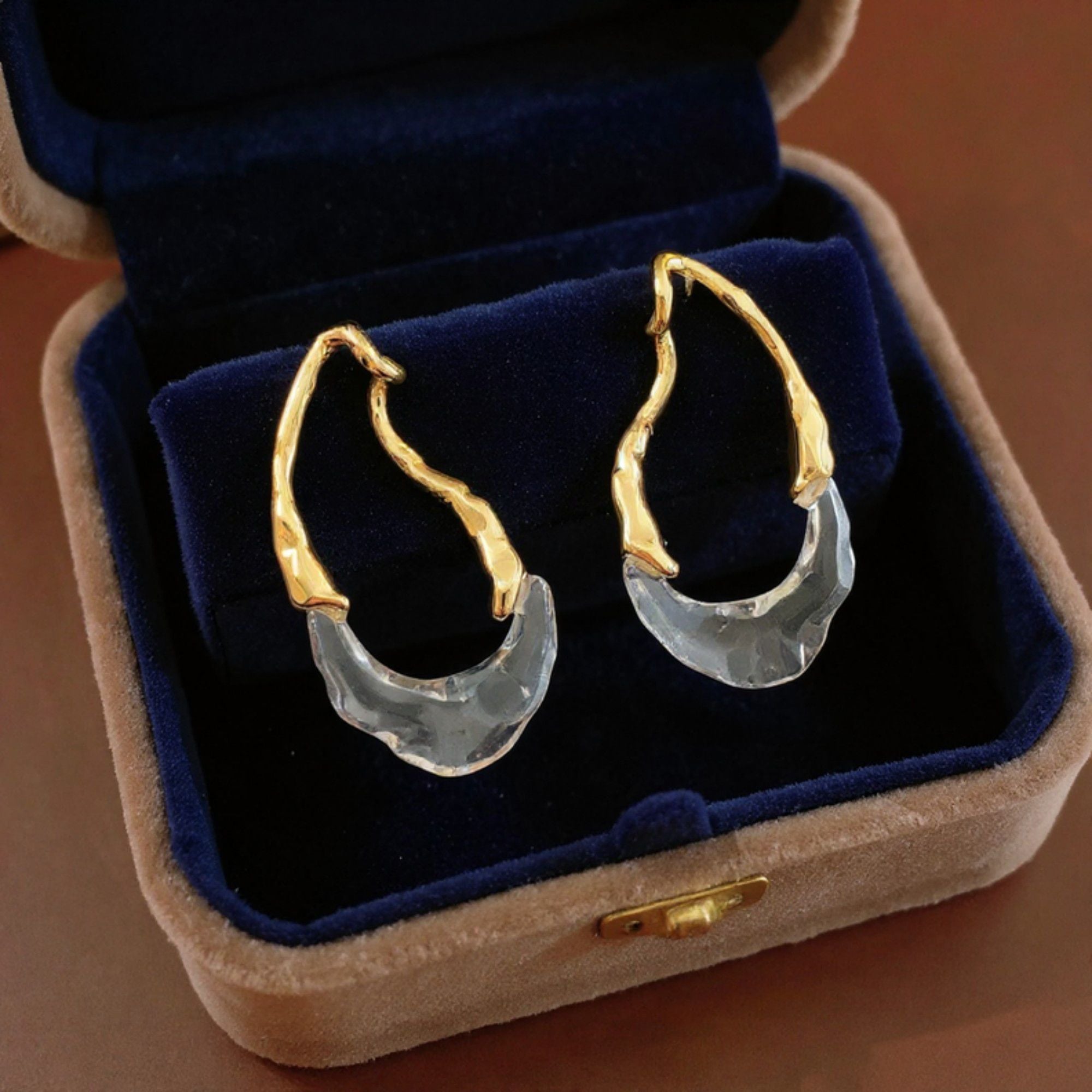Women's Abstract Hoop Earrings with Textured Metal and Clear Resin Design 2in