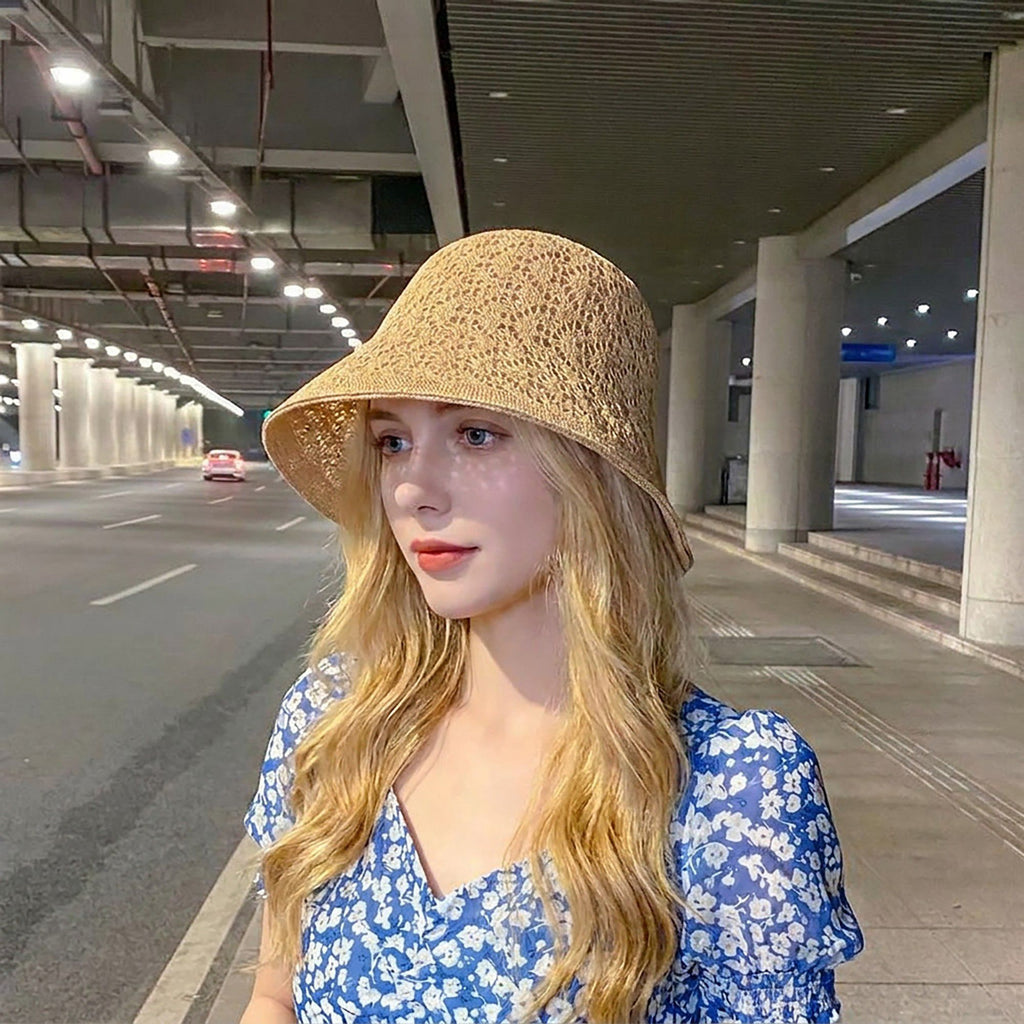 Crochet Bucket Sun Hat with Open Weave Texture and Flexible Brim Design