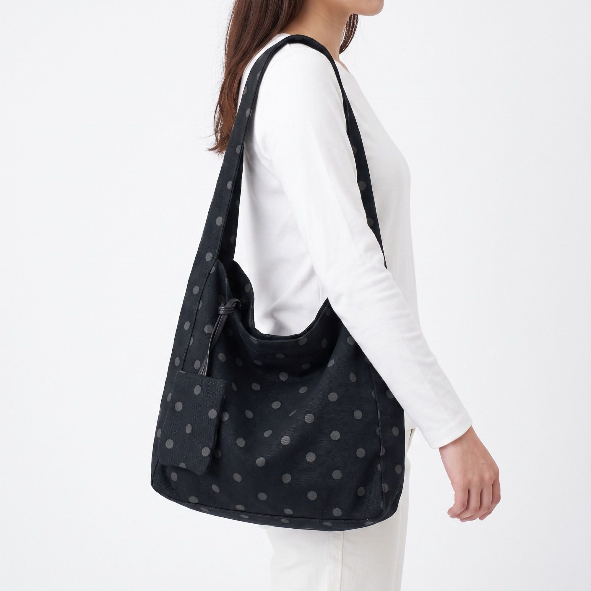 Polka Dot Hobo Tote Bag with Wide Shoulder Strap and Matching Pouch 12.5x13x5.5in