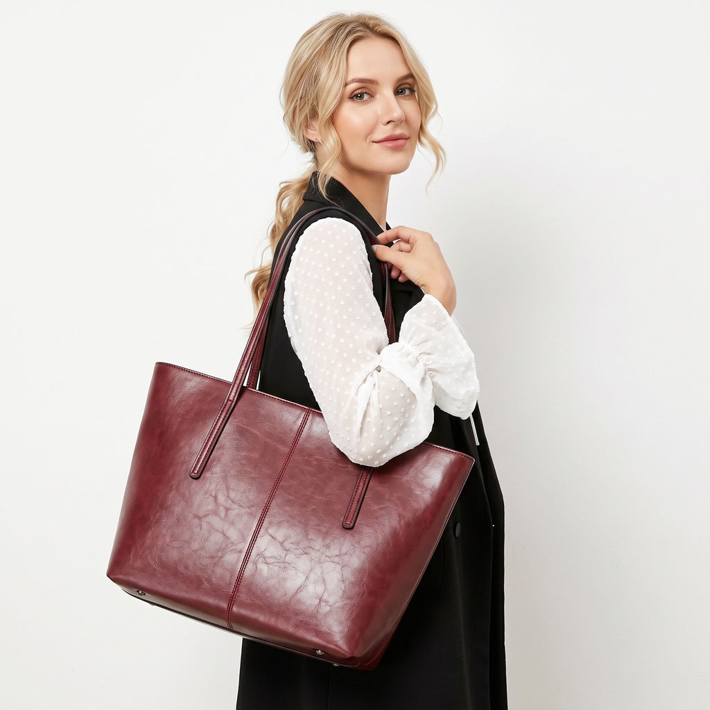 Large Faux Leather Tote Bag with Zip Closure and Interior Pockets