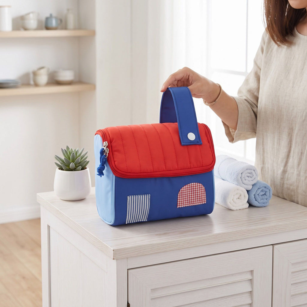 Womens Quilted Makeup Bag with Handle and Colorblock Patch Design