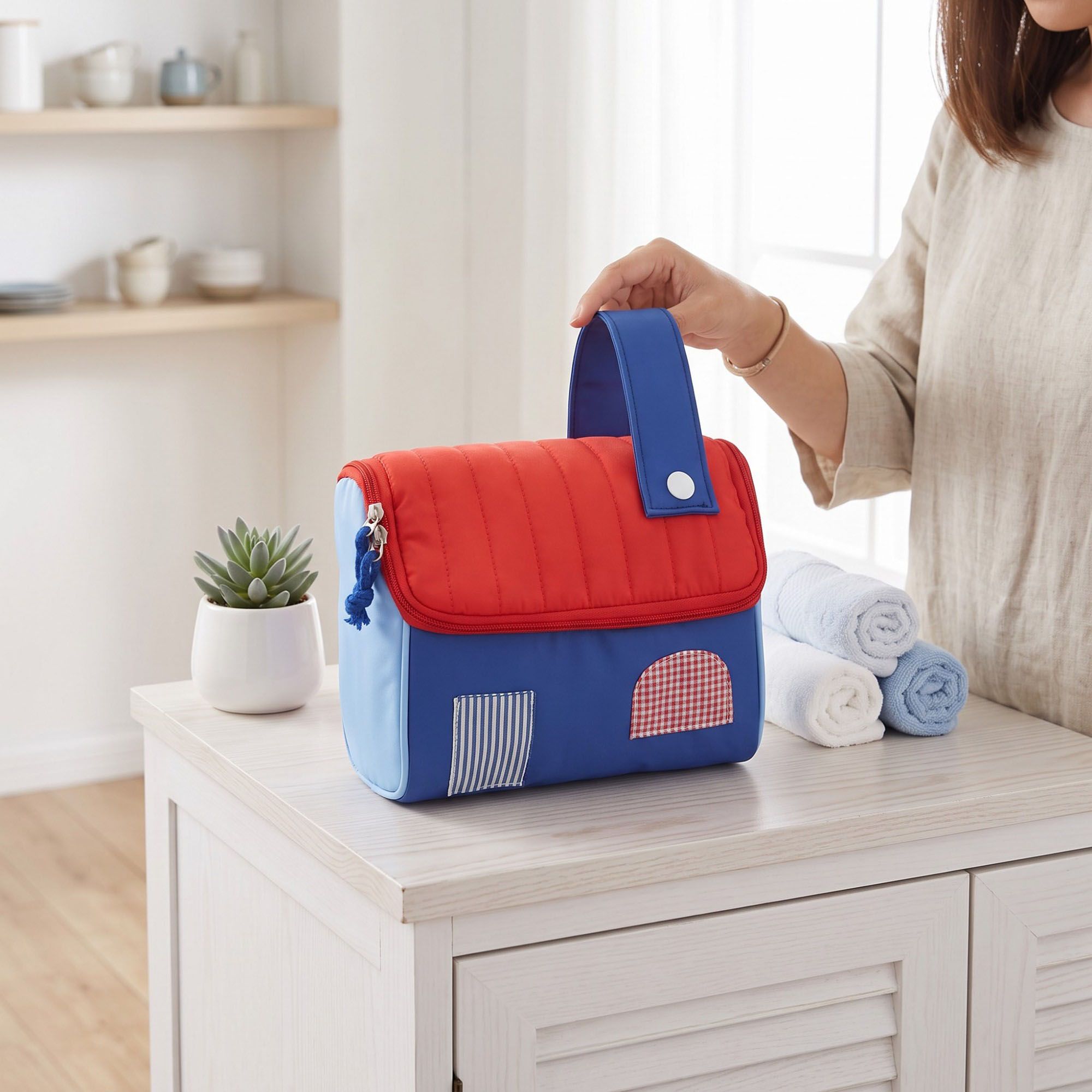 Womens Quilted Makeup Bag with Handle and Colorblock Patch Design