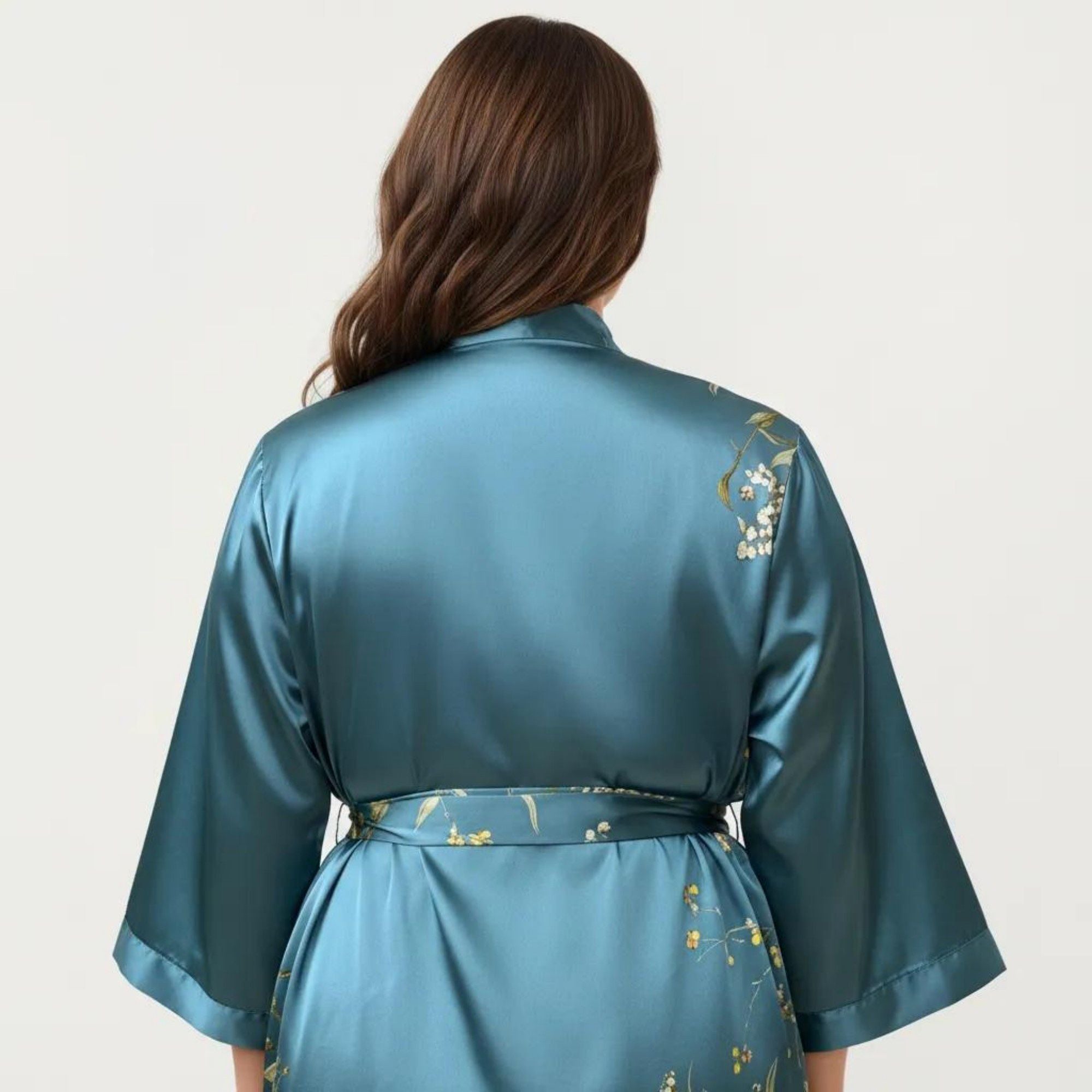 Anna-Kaci Lounge Women's Plus Size Satin Floral Kimono Robe with Self Tie Belt Longline Open Front Lightweight Sleepwear