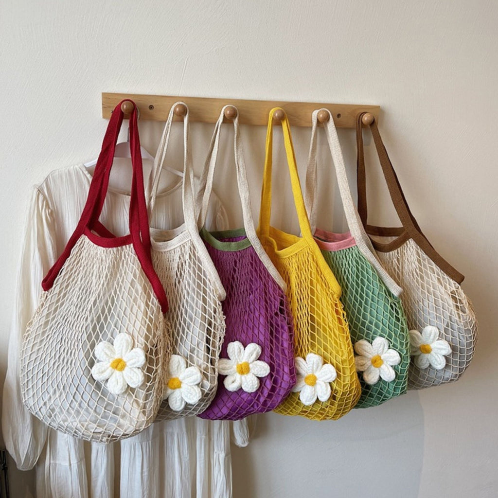 Crochet Style Net Tote Bag with Daisy Accent and Shoulder Straps