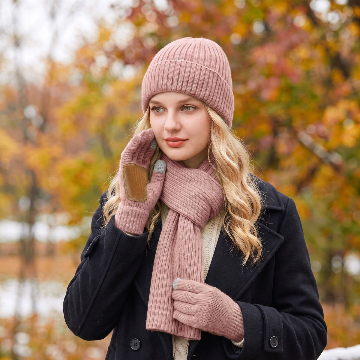 3 Piece Ribbed Knit Beanie Scarf and Touchscreen Gloves Set